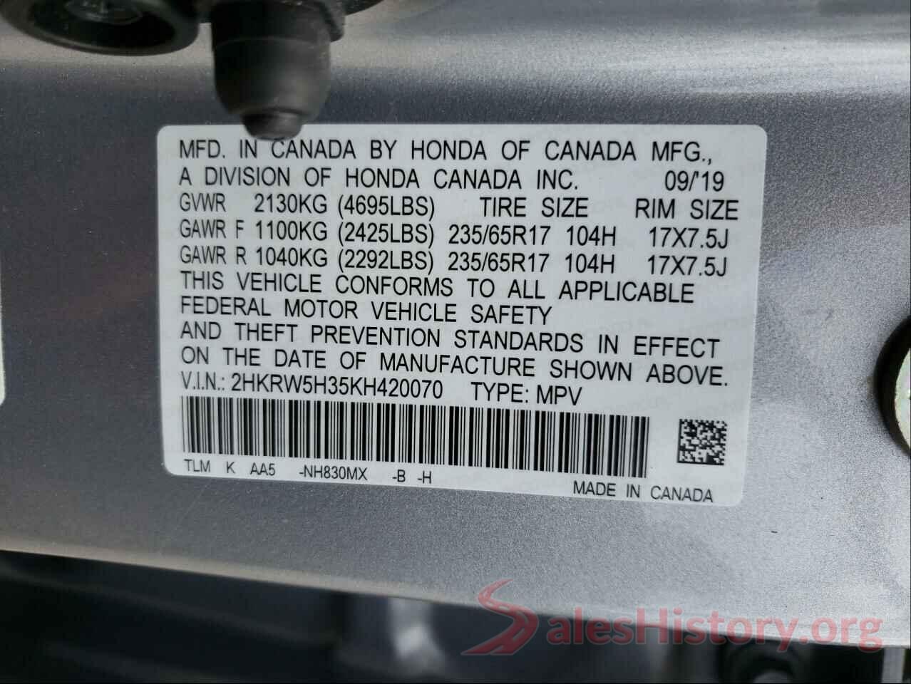 2HKRW5H35KH420070 2019 HONDA CRV