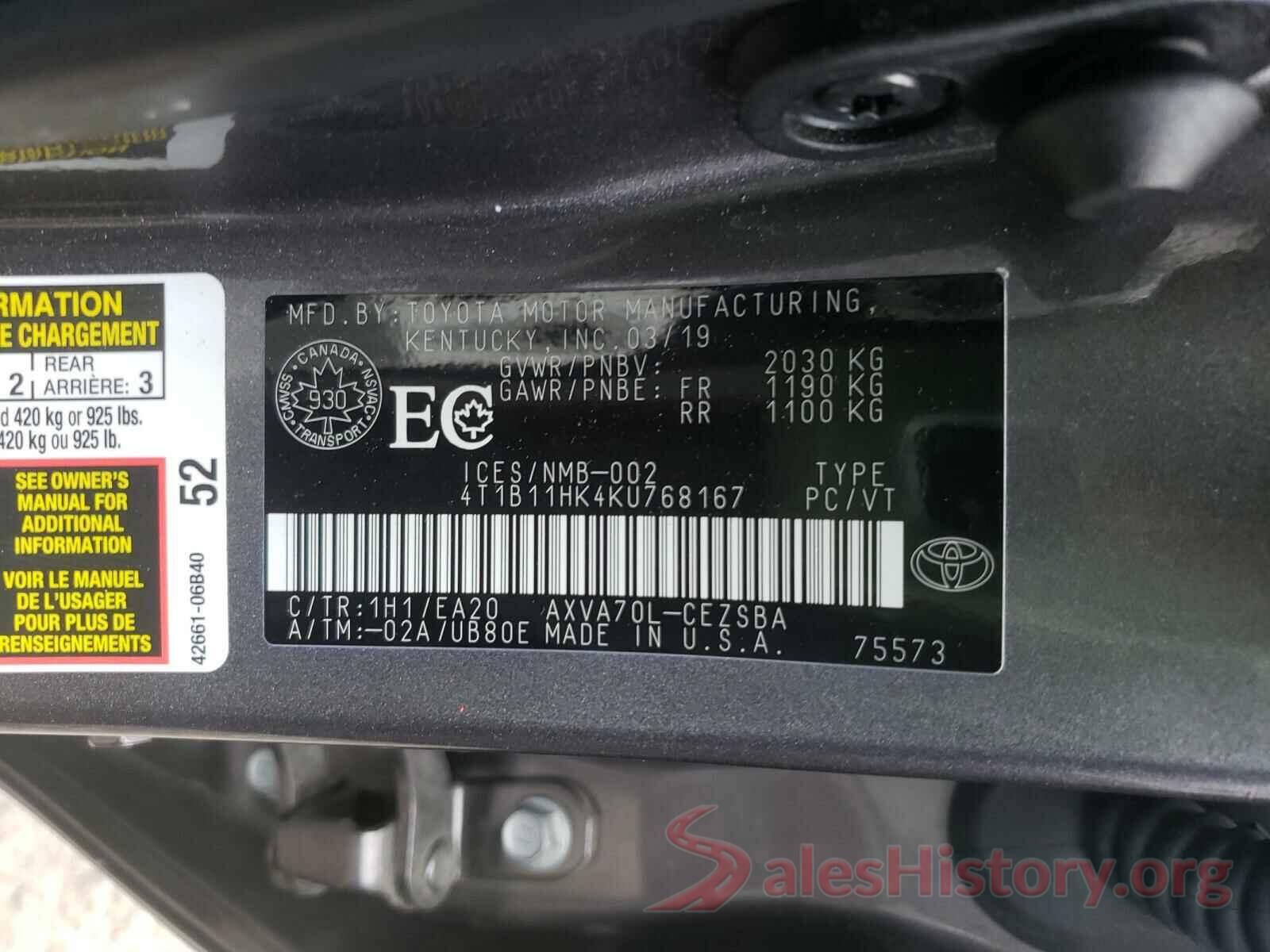 4T1B11HK4KU768167 2019 TOYOTA CAMRY