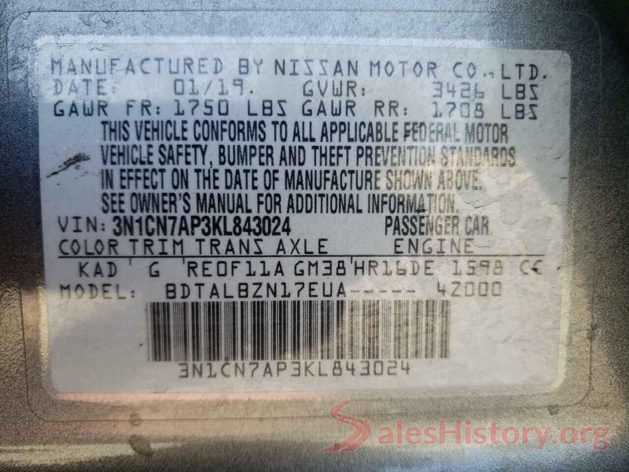 3N1CN7AP3KL843024 2019 NISSAN VERSA