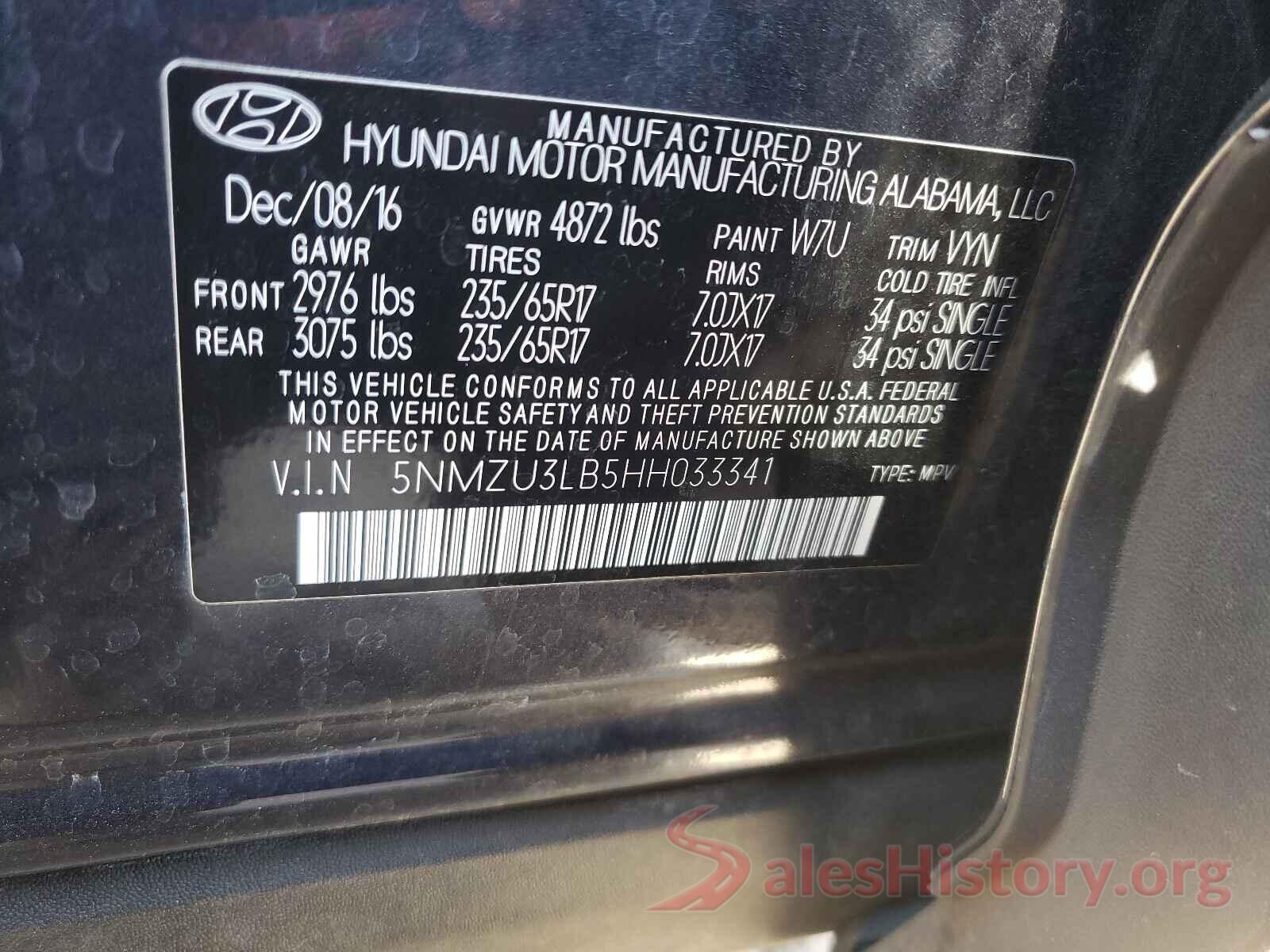 5NMZU3LB5HH033341 2017 HYUNDAI SANTA FE