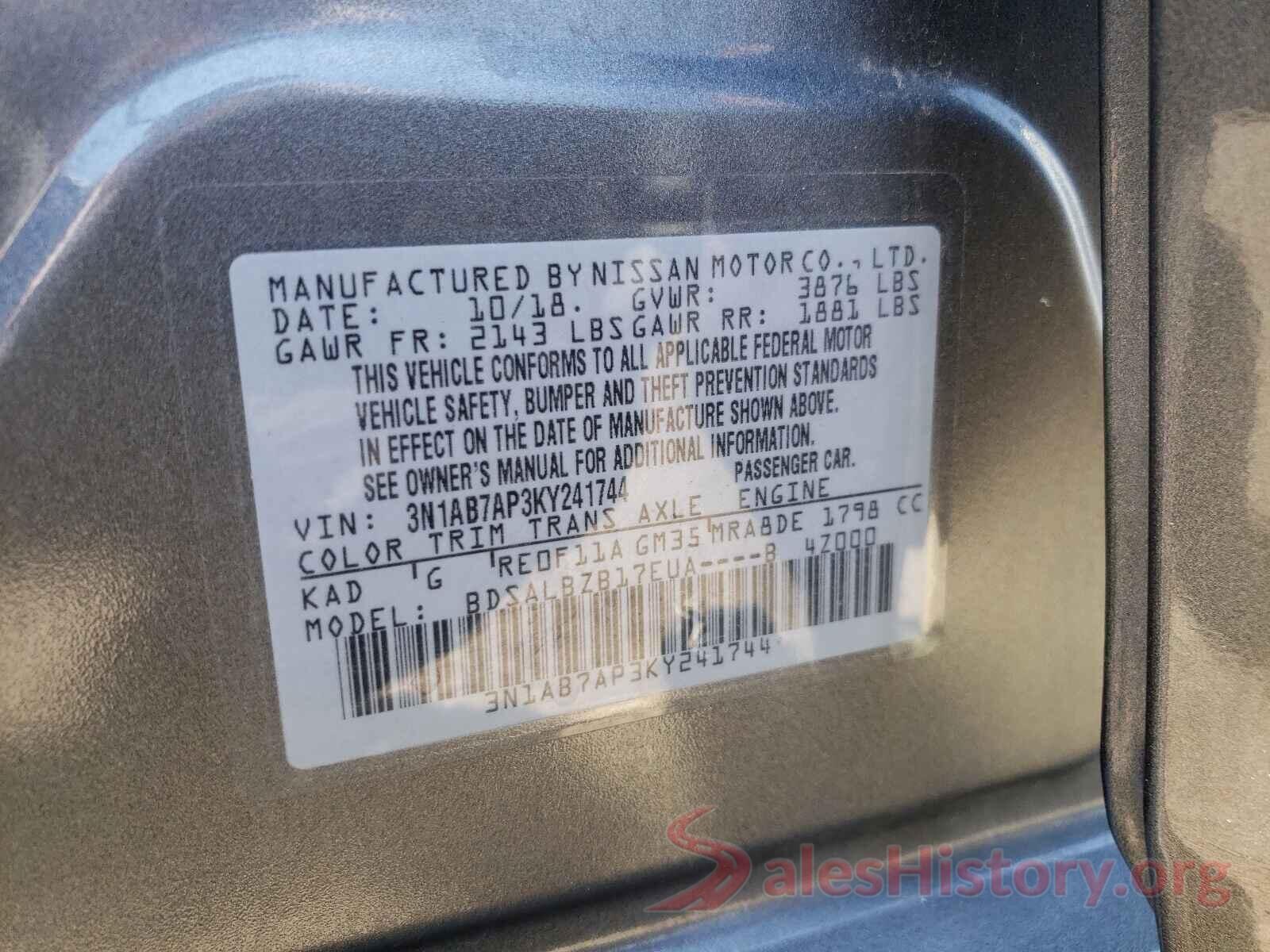 3N1AB7AP3KY241744 2019 NISSAN SENTRA