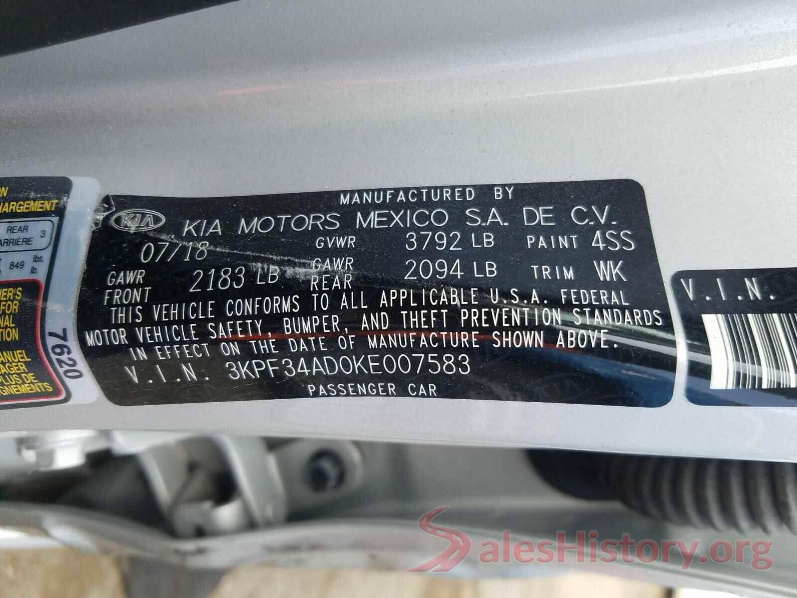 3KPF34AD0KE007583 2019 KIA FORTE