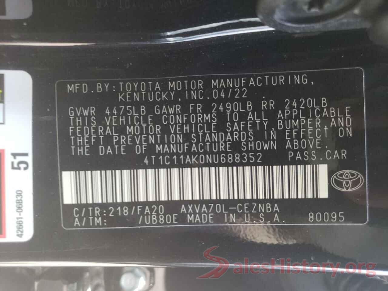 4T1C11AK0NU688352 2022 TOYOTA CAMRY