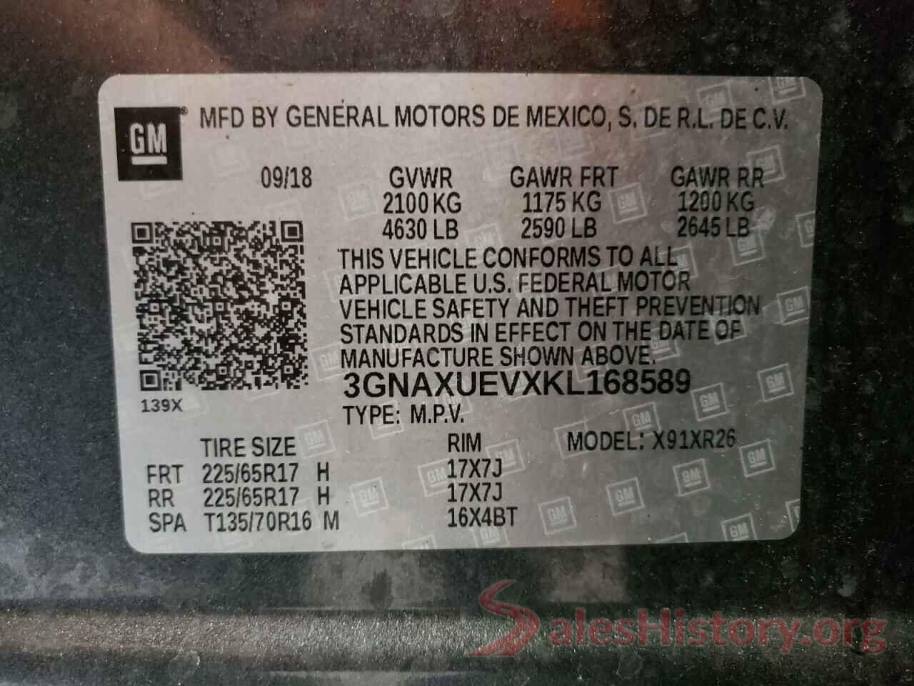 3GNAXUEVXKL168589 2019 CHEVROLET EQUINOX