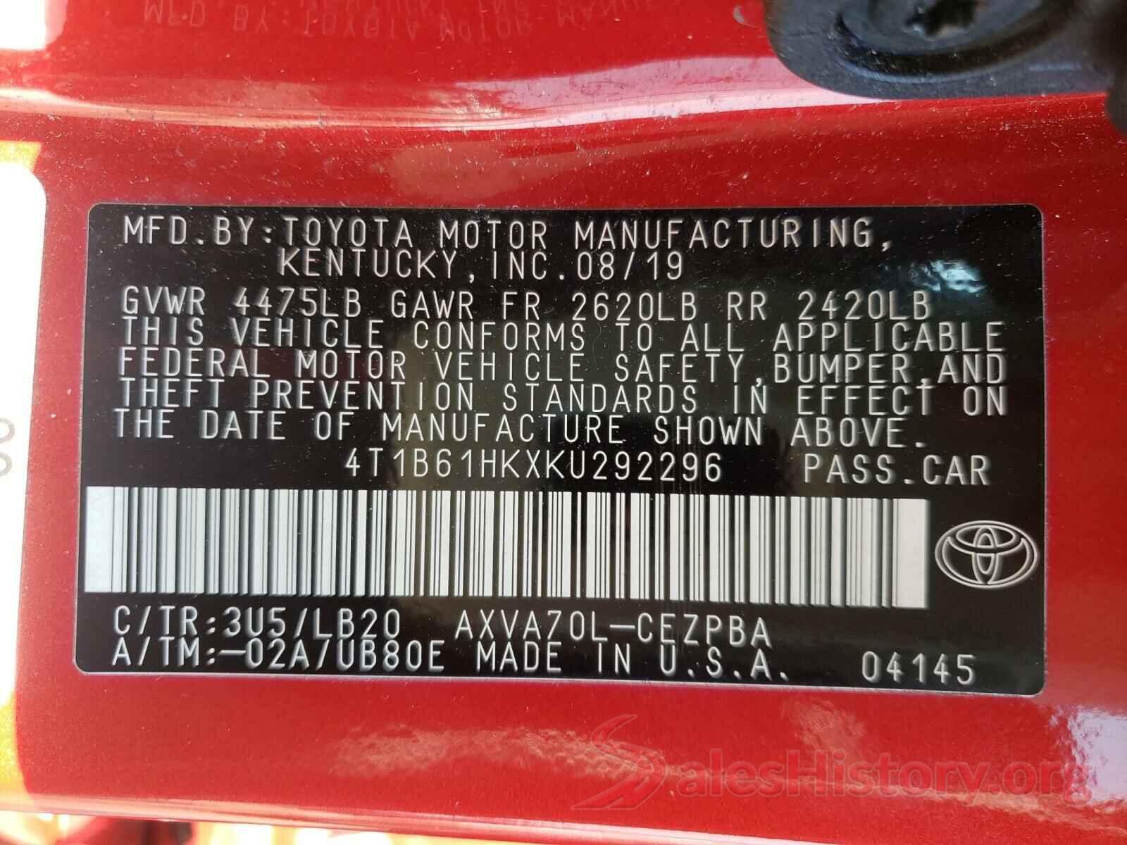 4T1B61HKXKU292296 2019 TOYOTA CAMRY