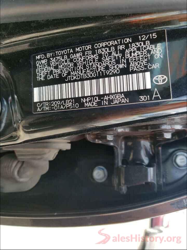 JTDKDTB30G1119290 2016 TOYOTA PRIUS