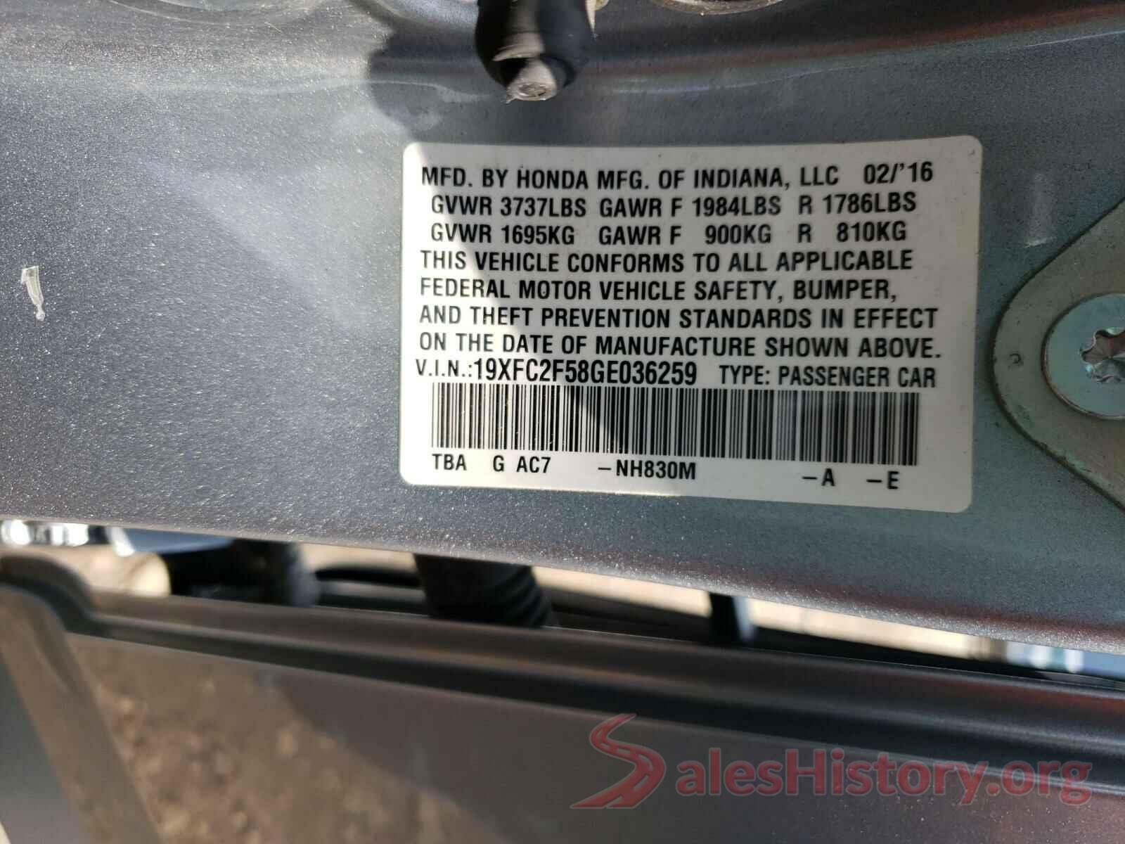 19XFC2F58GE036259 2016 HONDA CIVIC