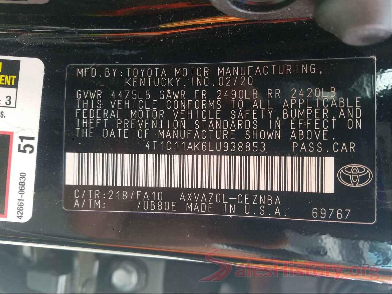 4T1C11AK6LU938853 2020 TOYOTA CAMRY