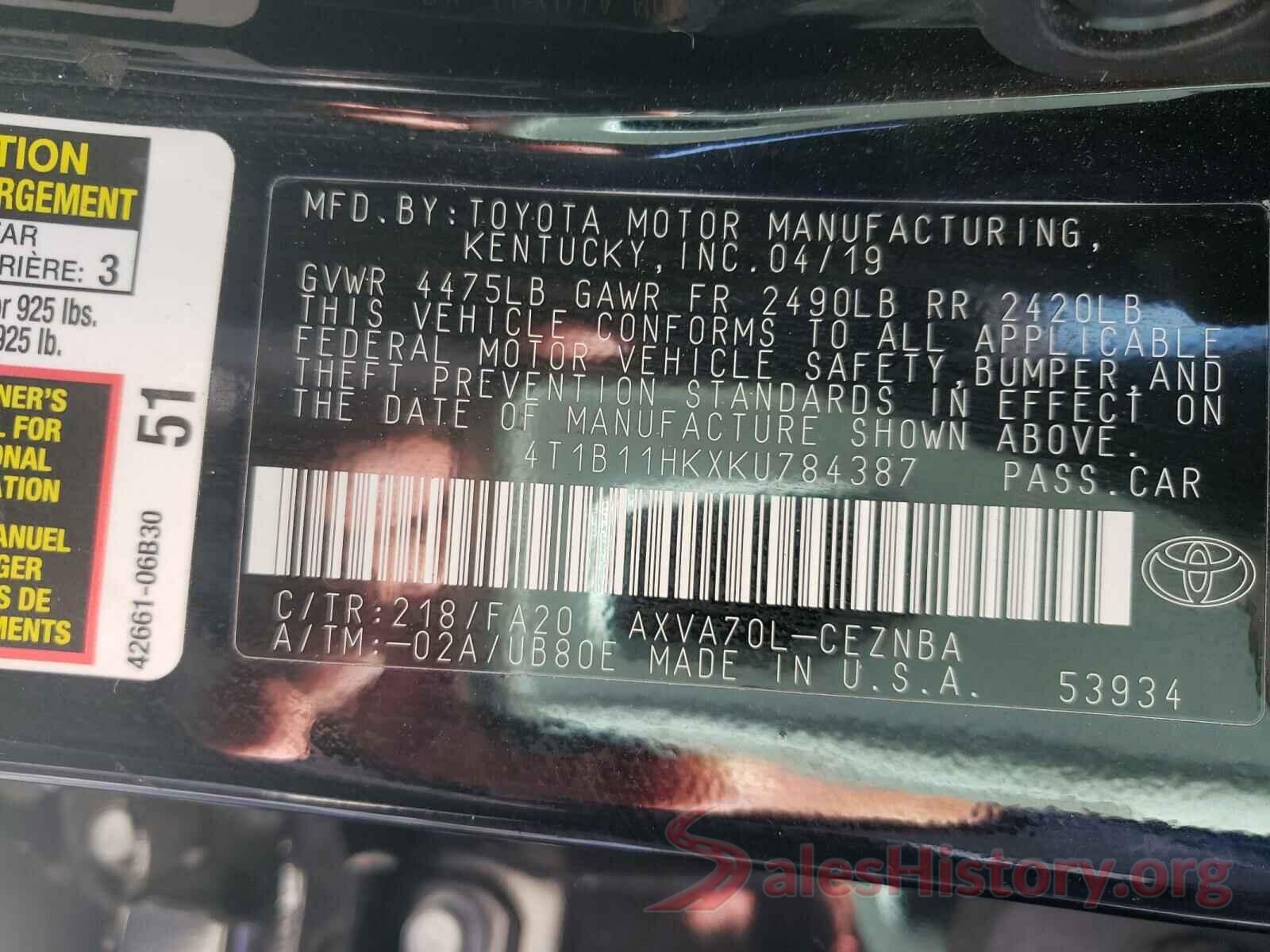 4T1B11HKXKU784387 2019 TOYOTA CAMRY