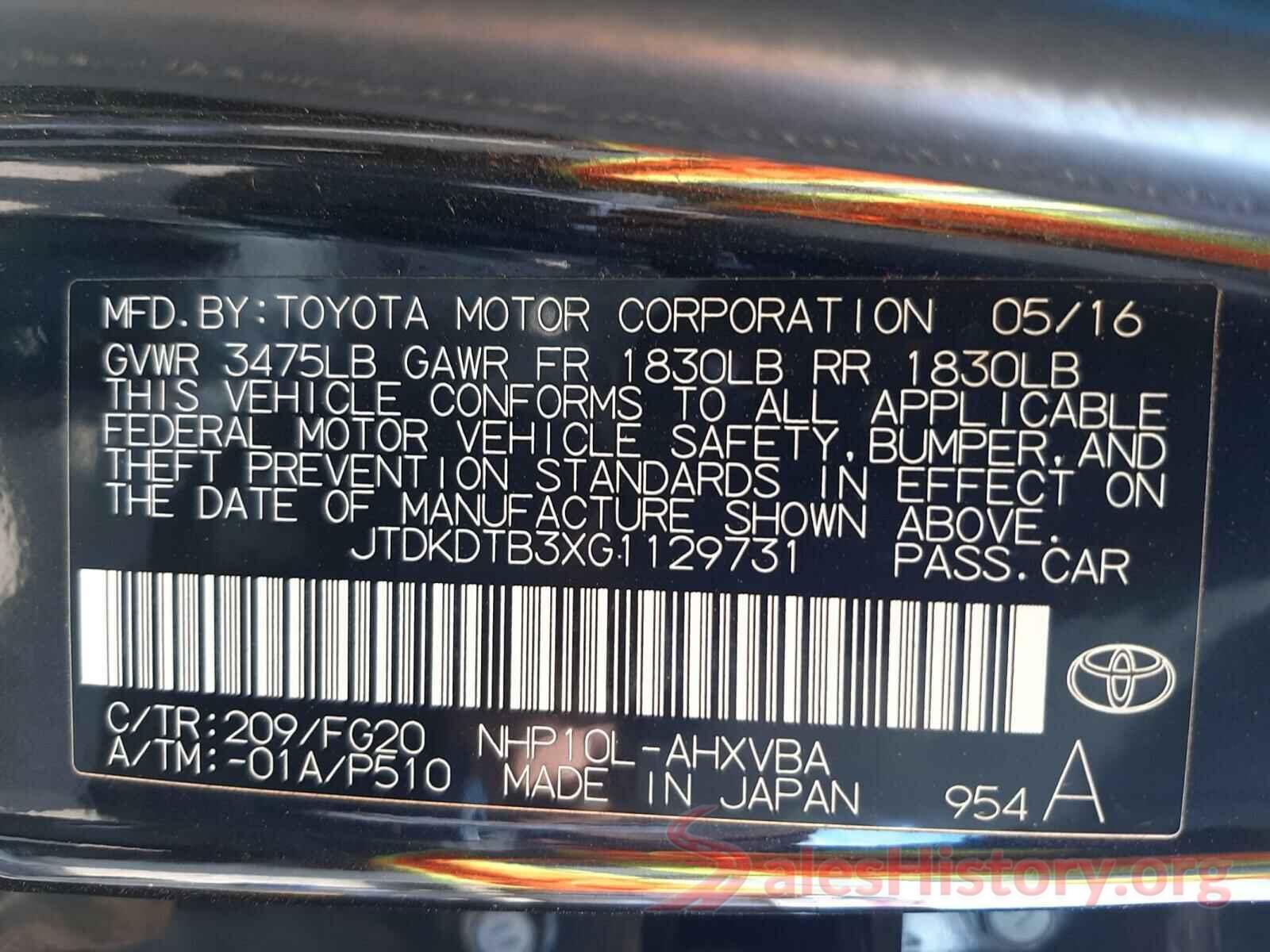 JTDKDTB3XG1129731 2016 TOYOTA PRIUS