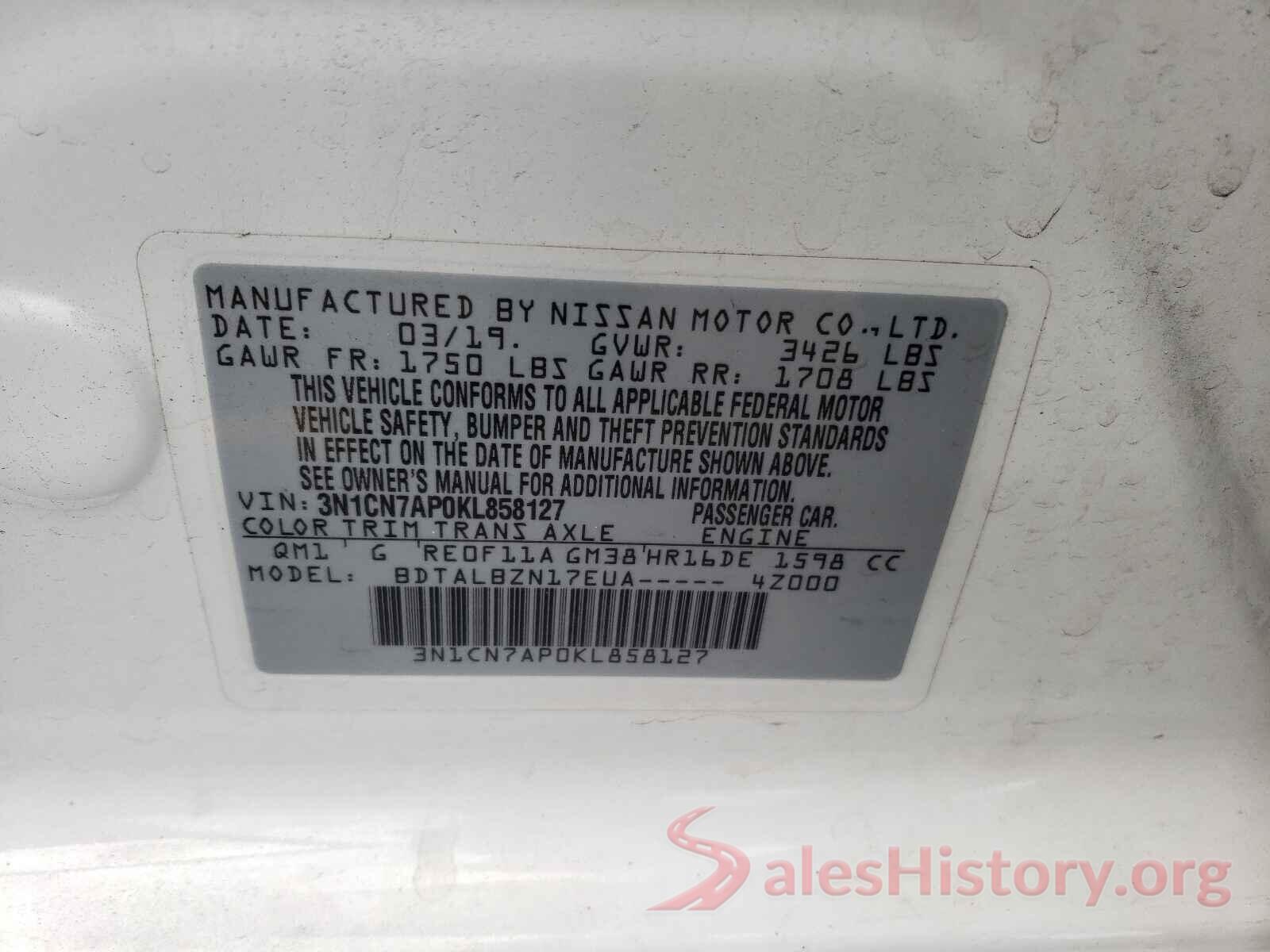 3N1CN7AP0KL858127 2019 NISSAN VERSA