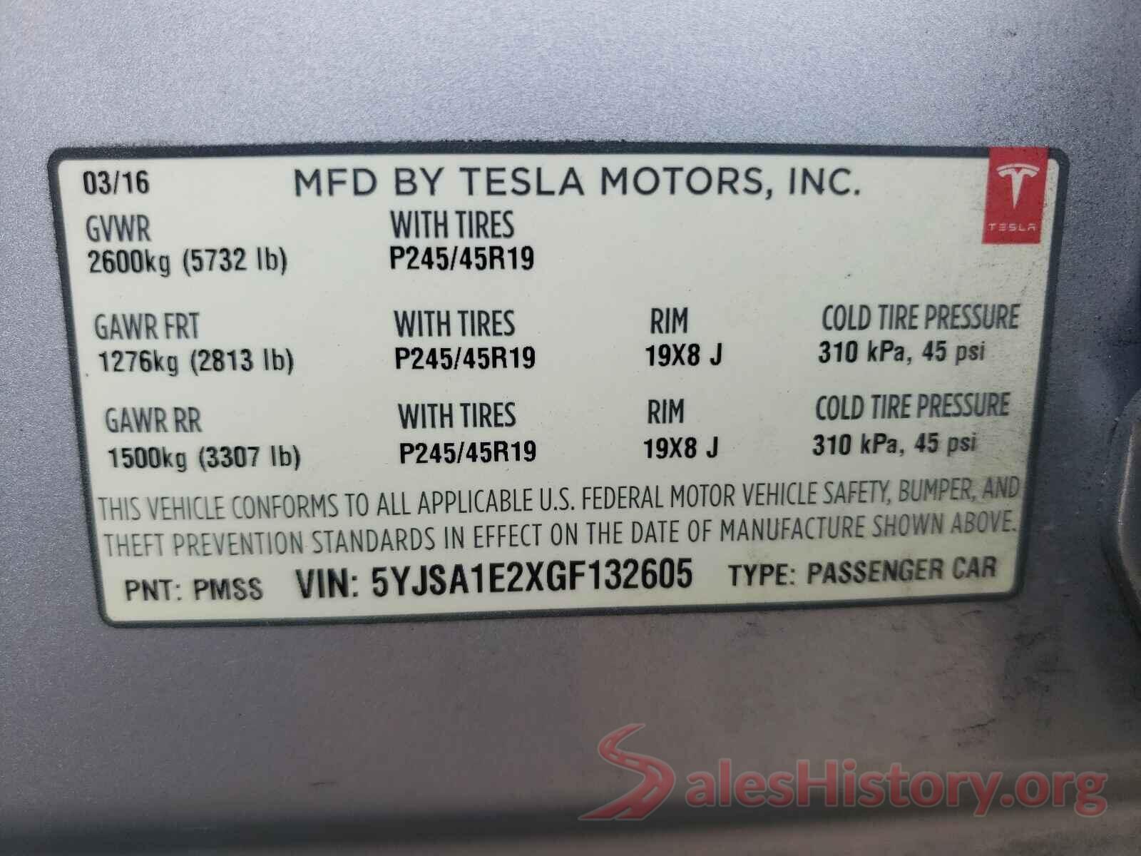 5YJSA1E2XGF132605 2016 TESLA MODEL S