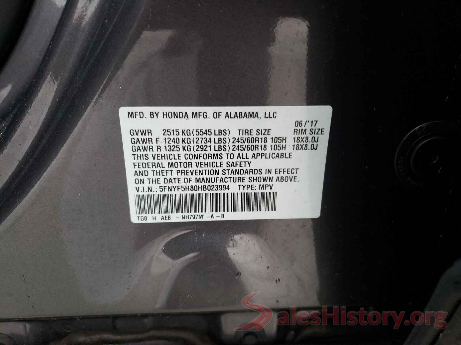 5FNYF5H80HB023994 2017 HONDA PILOT