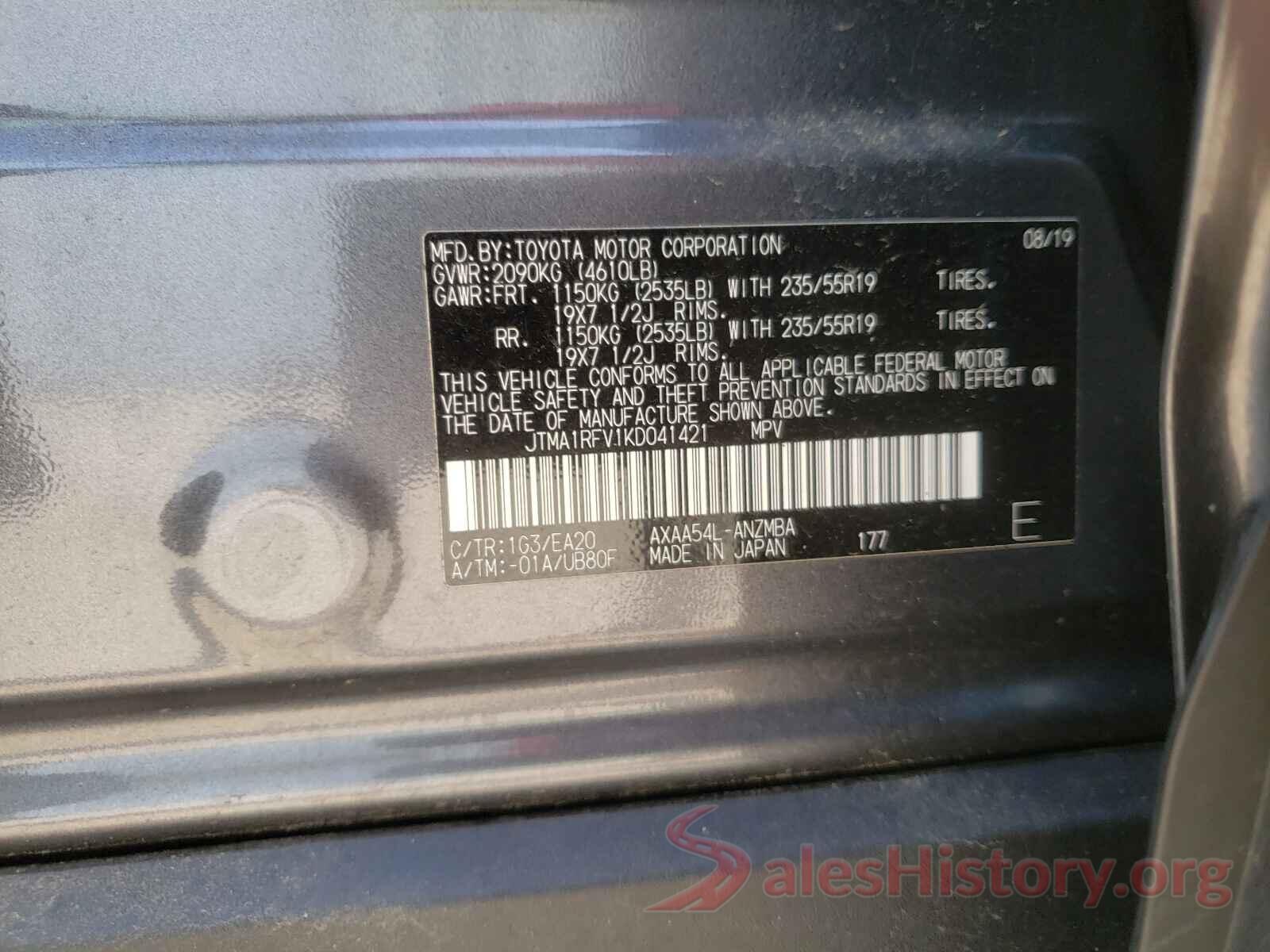 JTMA1RFV1KD041421 2019 TOYOTA RAV4