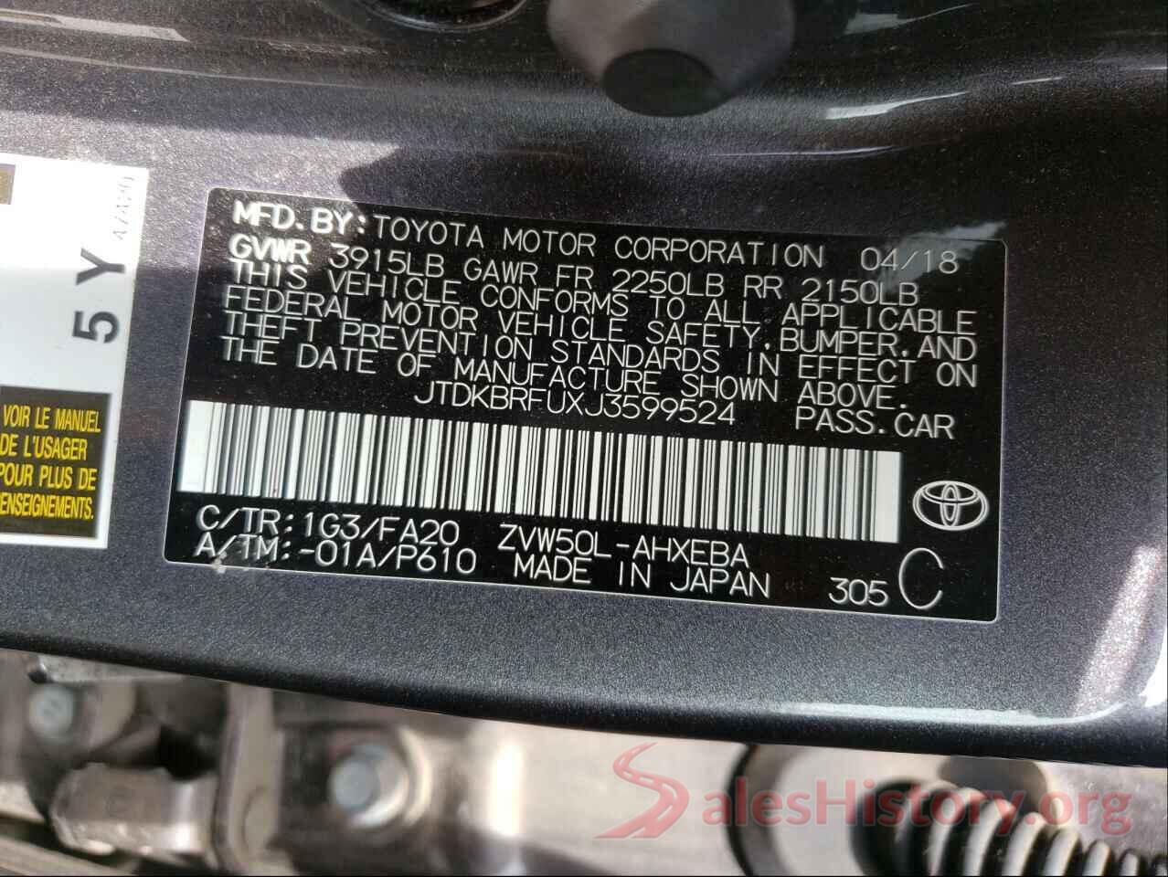 JTDKBRFUXJ3599524 2018 TOYOTA PRIUS