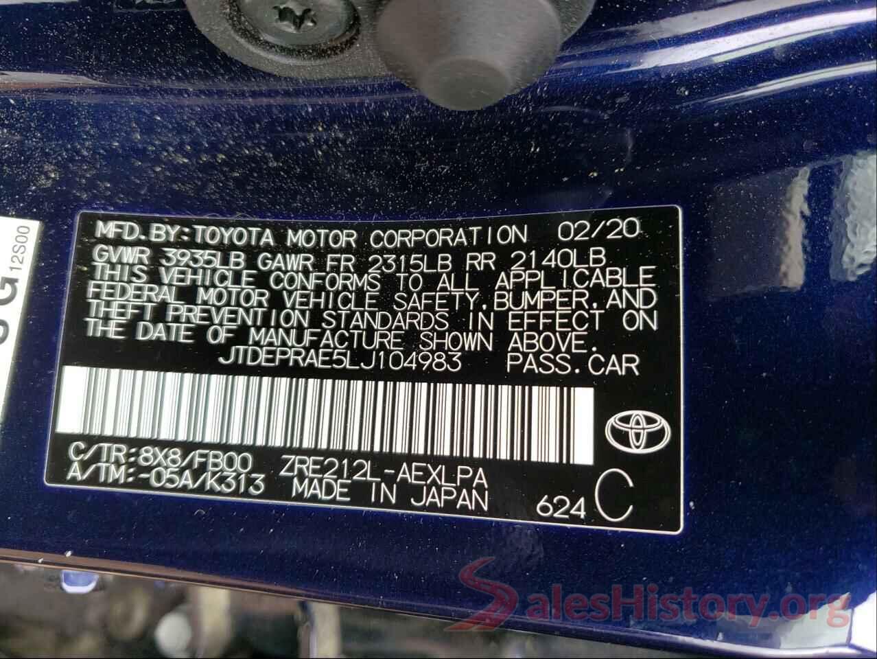 JTDEPRAE5LJ104983 2020 TOYOTA COROLLA