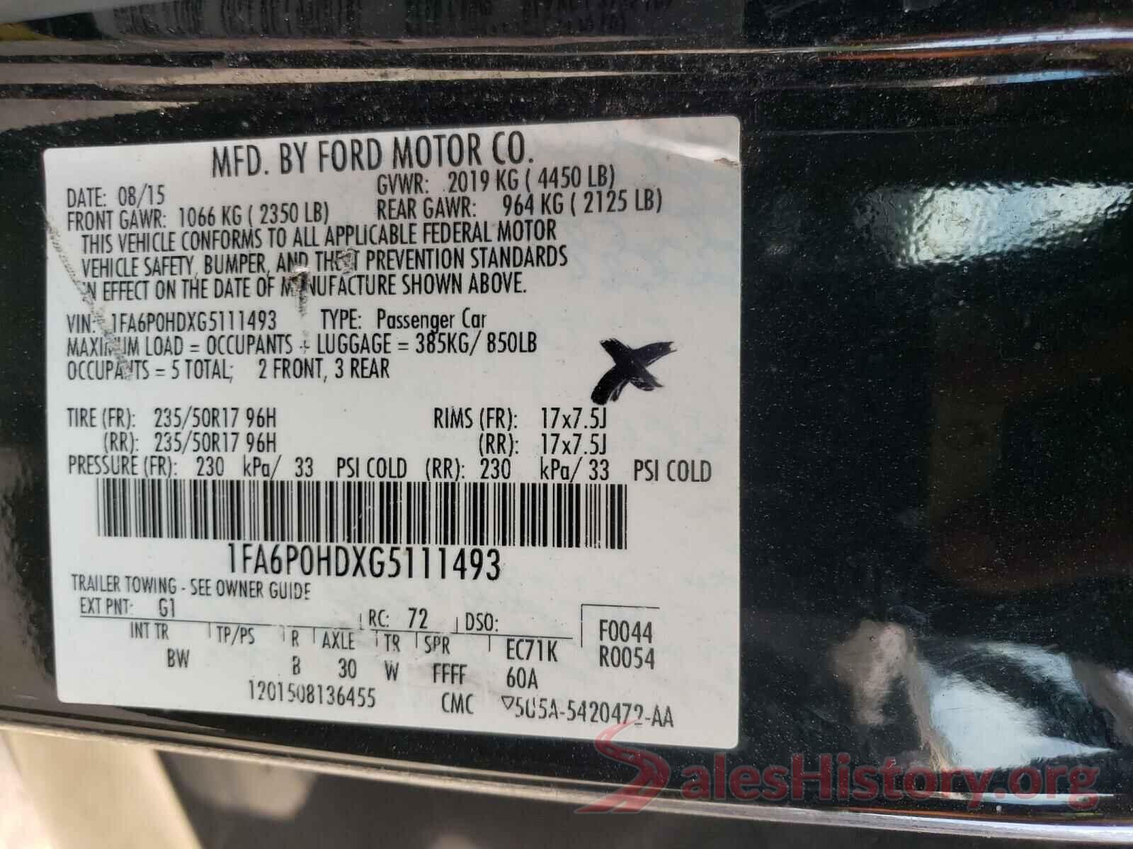 1FA6P0HDXG5111493 2016 FORD FUSION