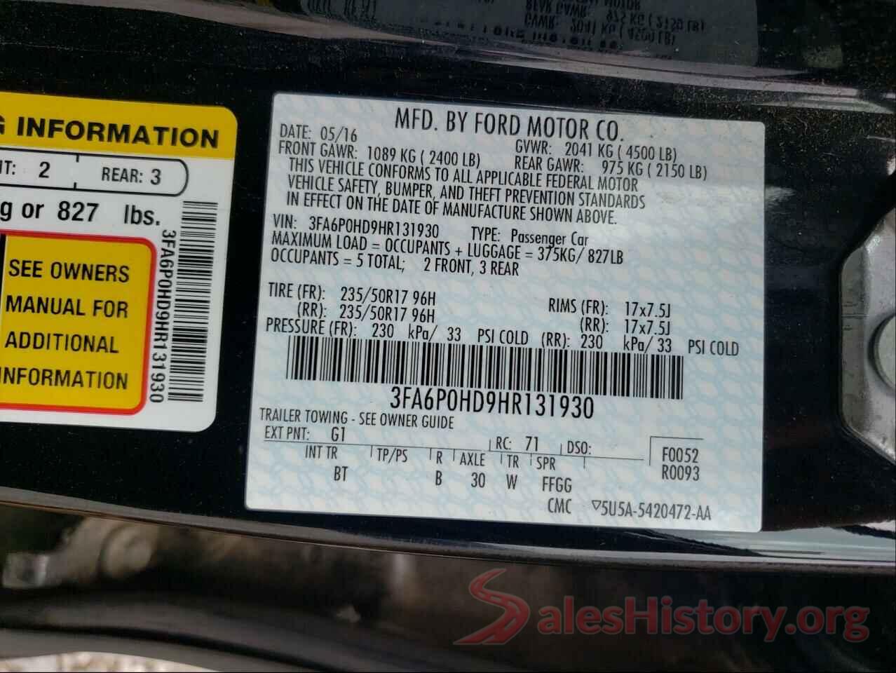 3FA6P0HD9HR131930 2017 FORD FUSION