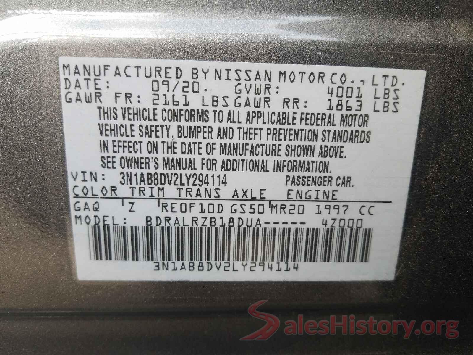 3N1AB8DV2LY294114 2020 NISSAN SENTRA