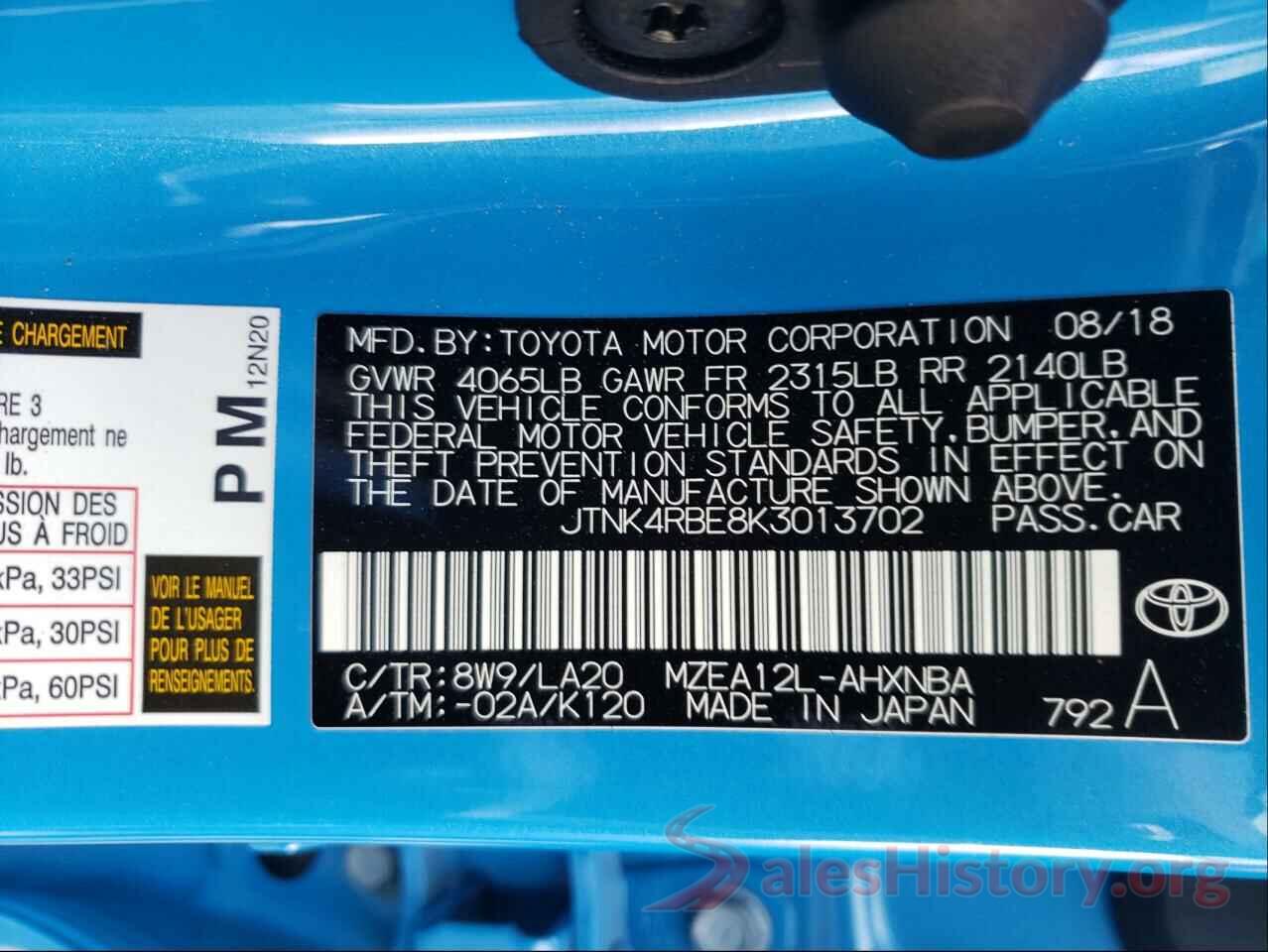 JTNK4RBE8K3013702 2019 TOYOTA COROLLA