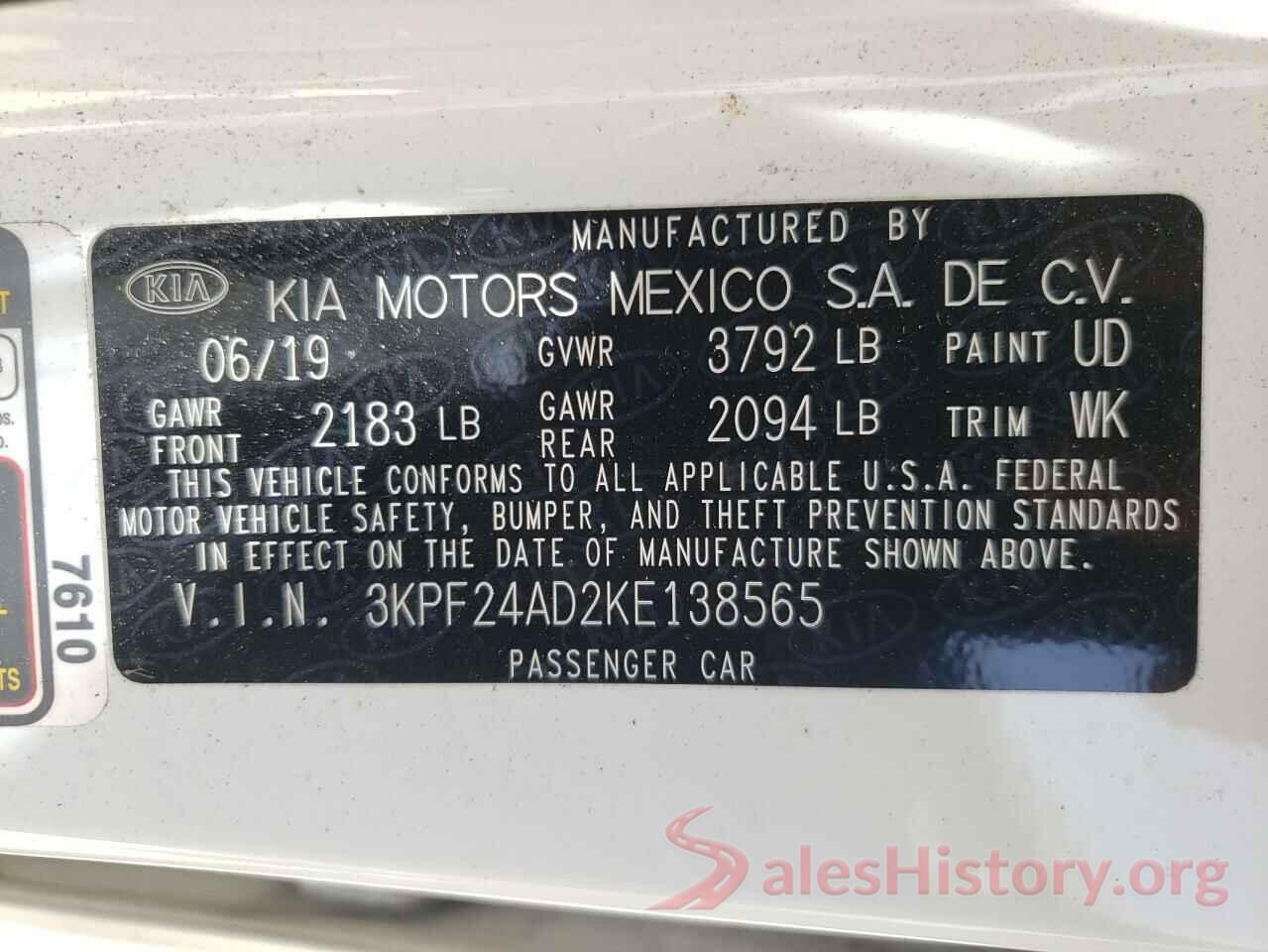 3KPF24AD2KE138565 2019 KIA FORTE