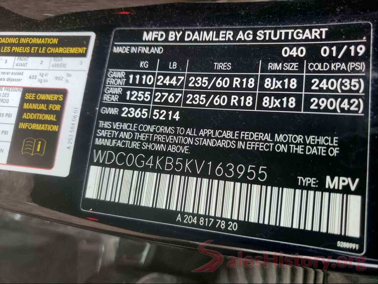 WDC0G4KB5KV163955 2019 MERCEDES-BENZ G CLASS