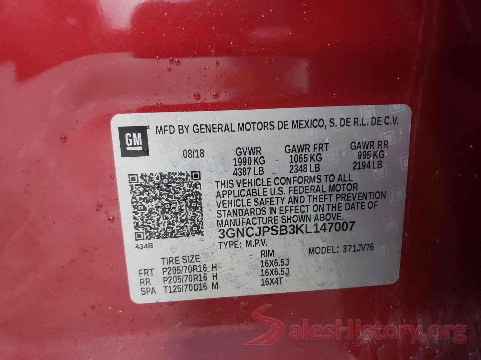 3GNCJPSB3KL147007 2019 CHEVROLET TRAX