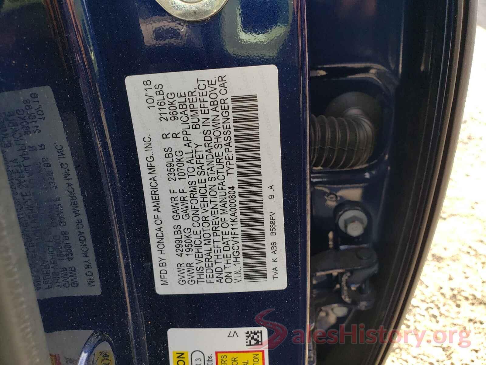 1HGCV1F11KA000804 2019 HONDA ACCORD