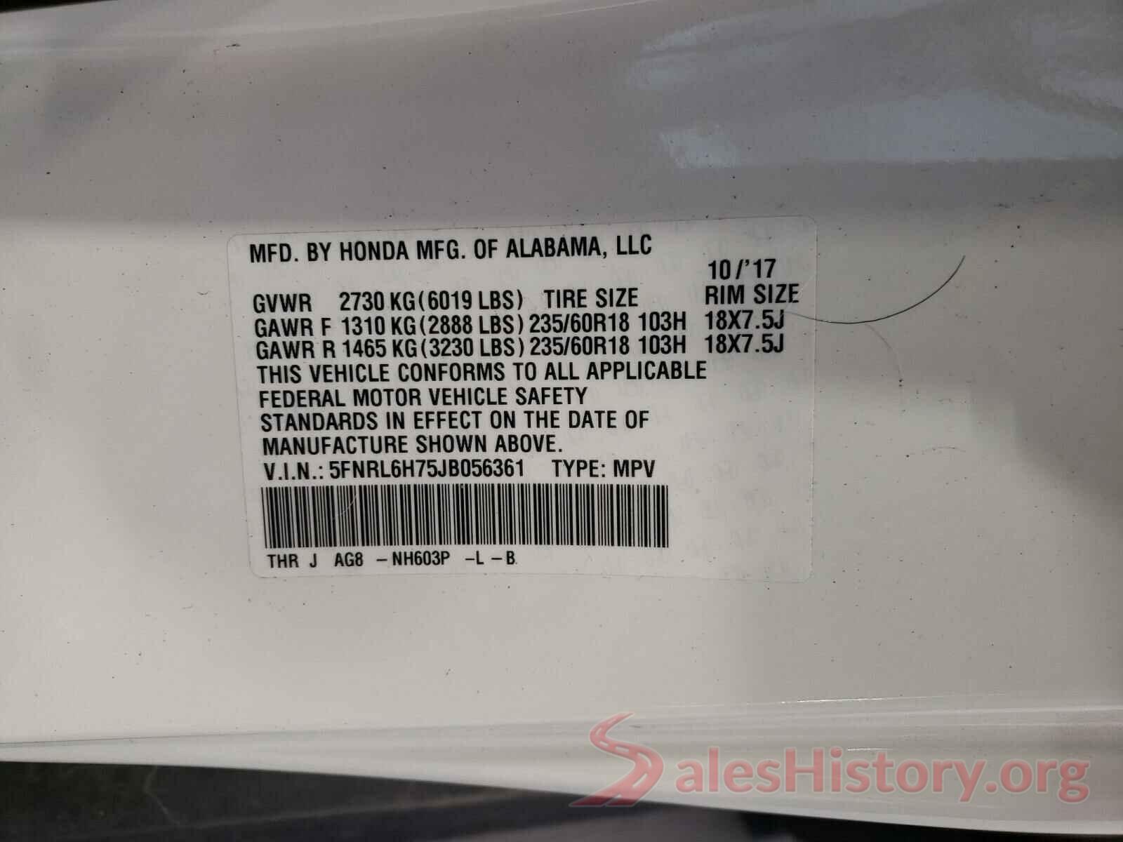 5FNRL6H75JB056361 2018 HONDA ODYSSEY