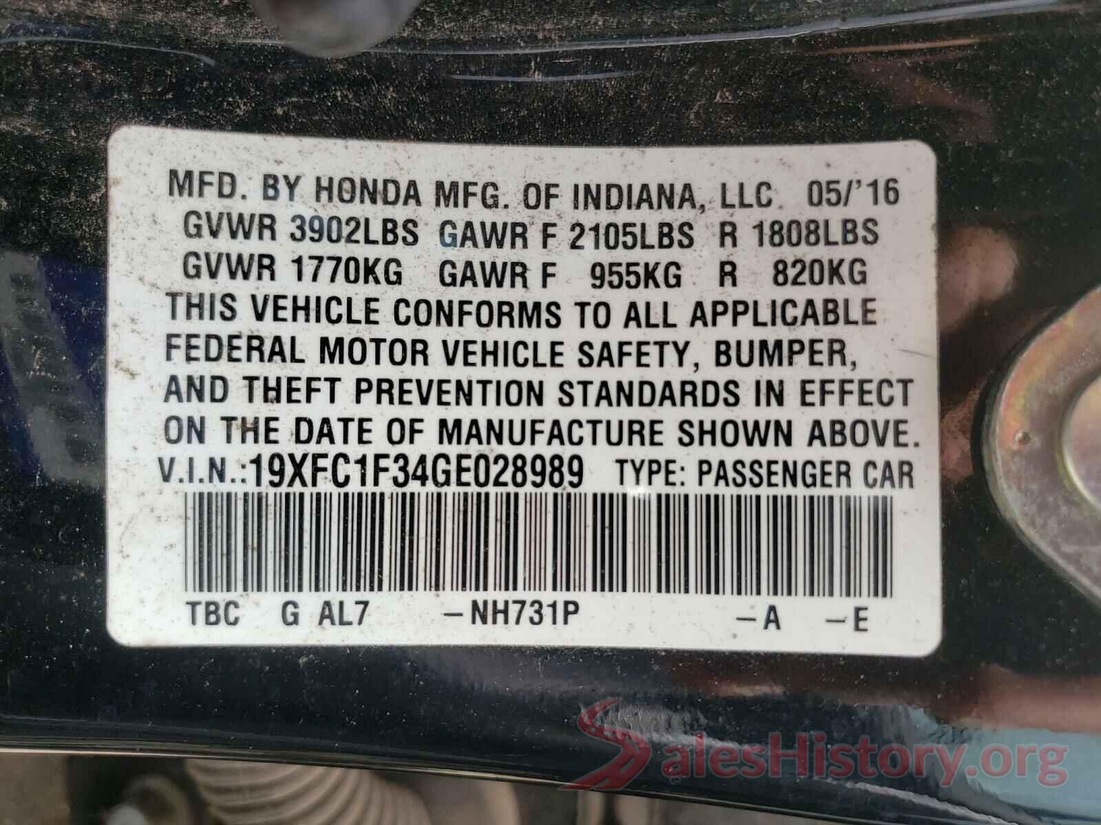 19XFC1F34GE028989 2016 HONDA CIVIC