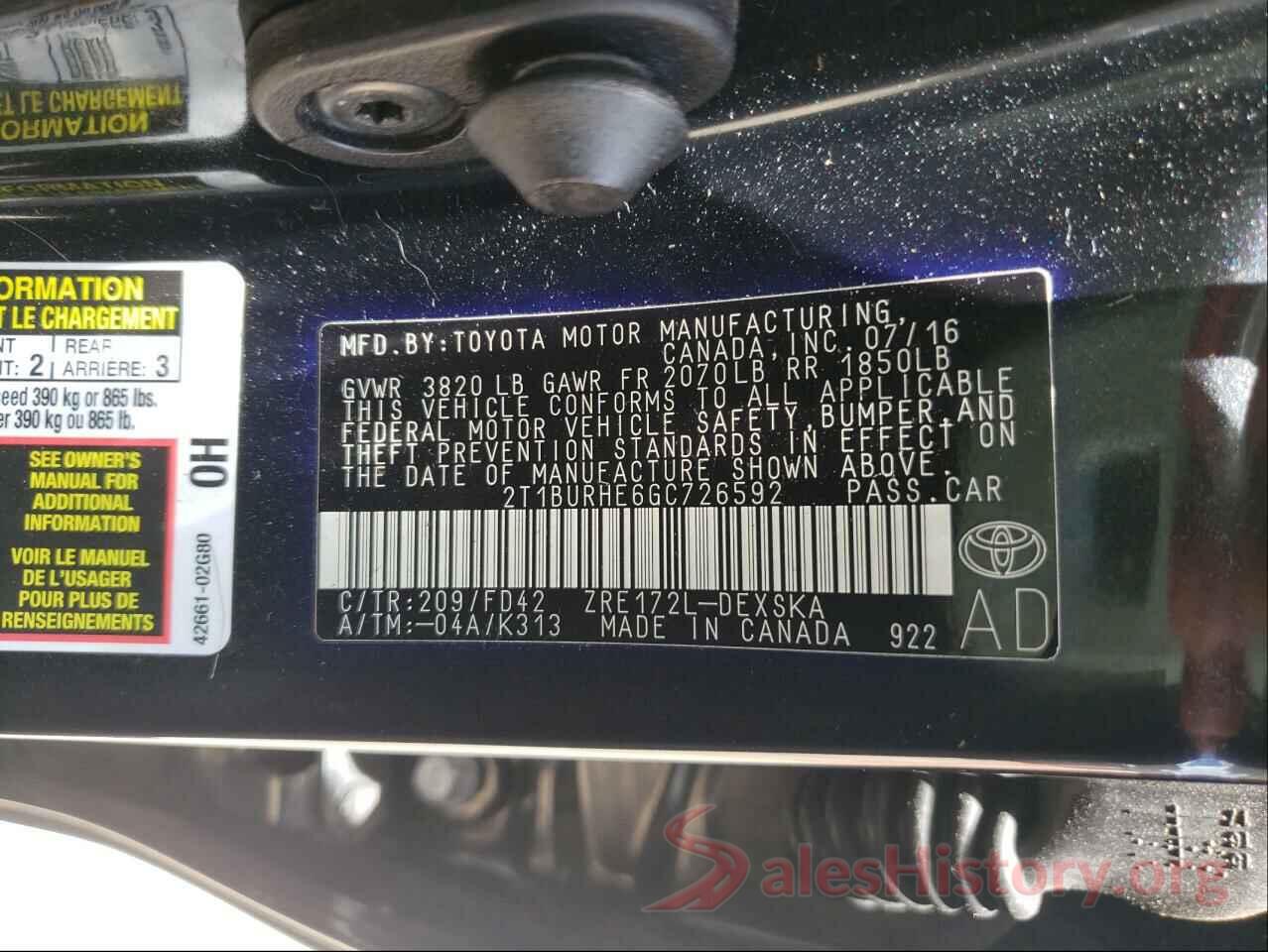 2T1BURHE6GC726592 2016 TOYOTA COROLLA