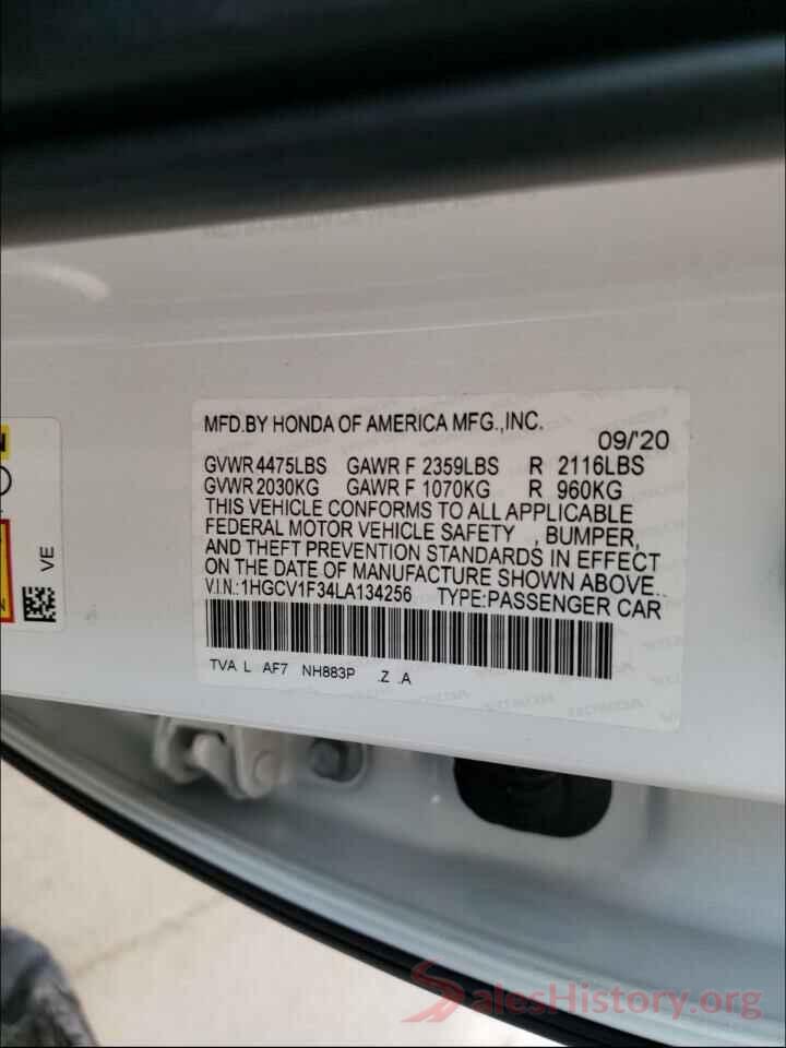 1HGCV1F34LA134256 2020 HONDA ACCORD