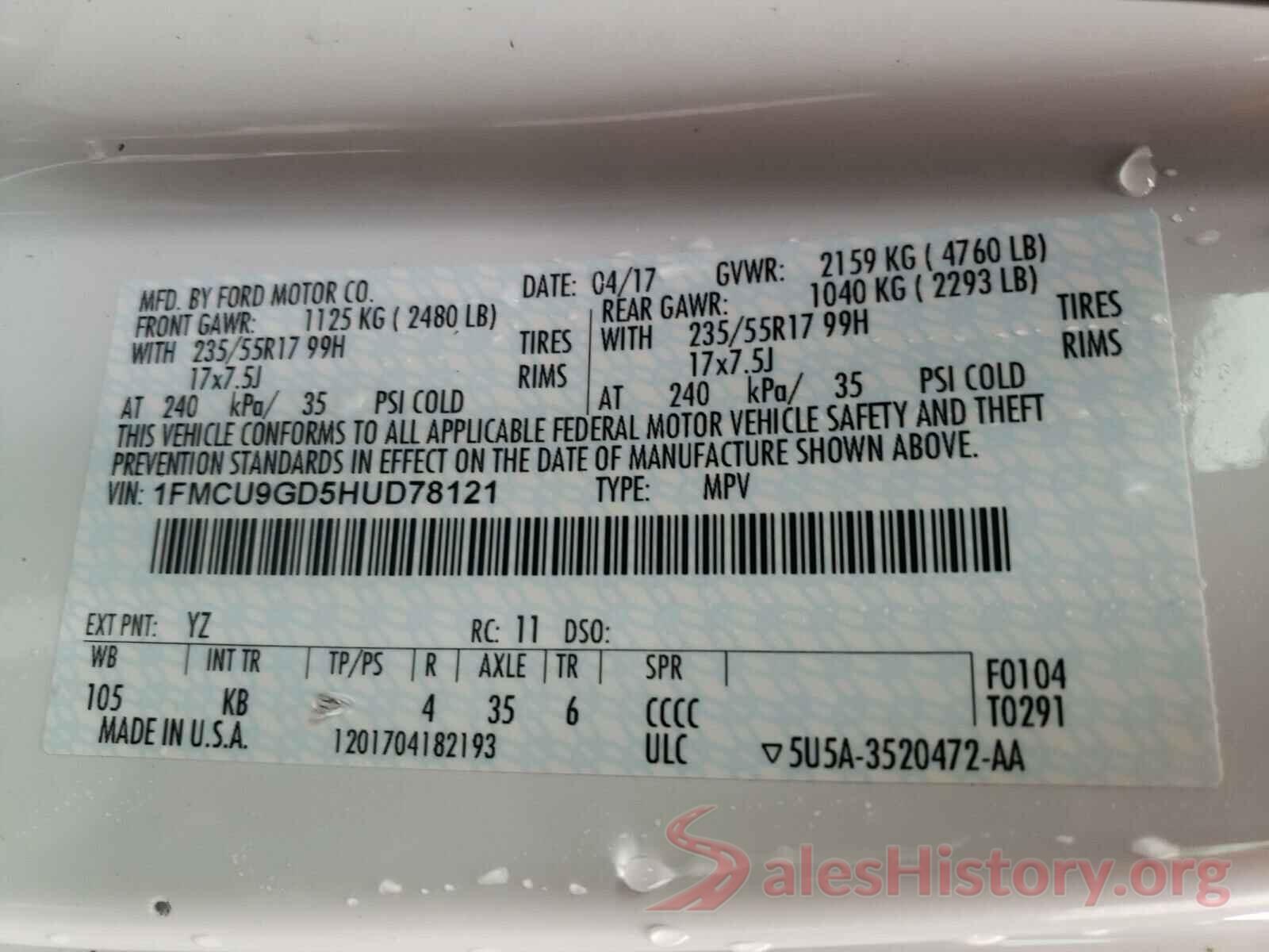 1FMCU9GD5HUD78121 2017 FORD ESCAPE