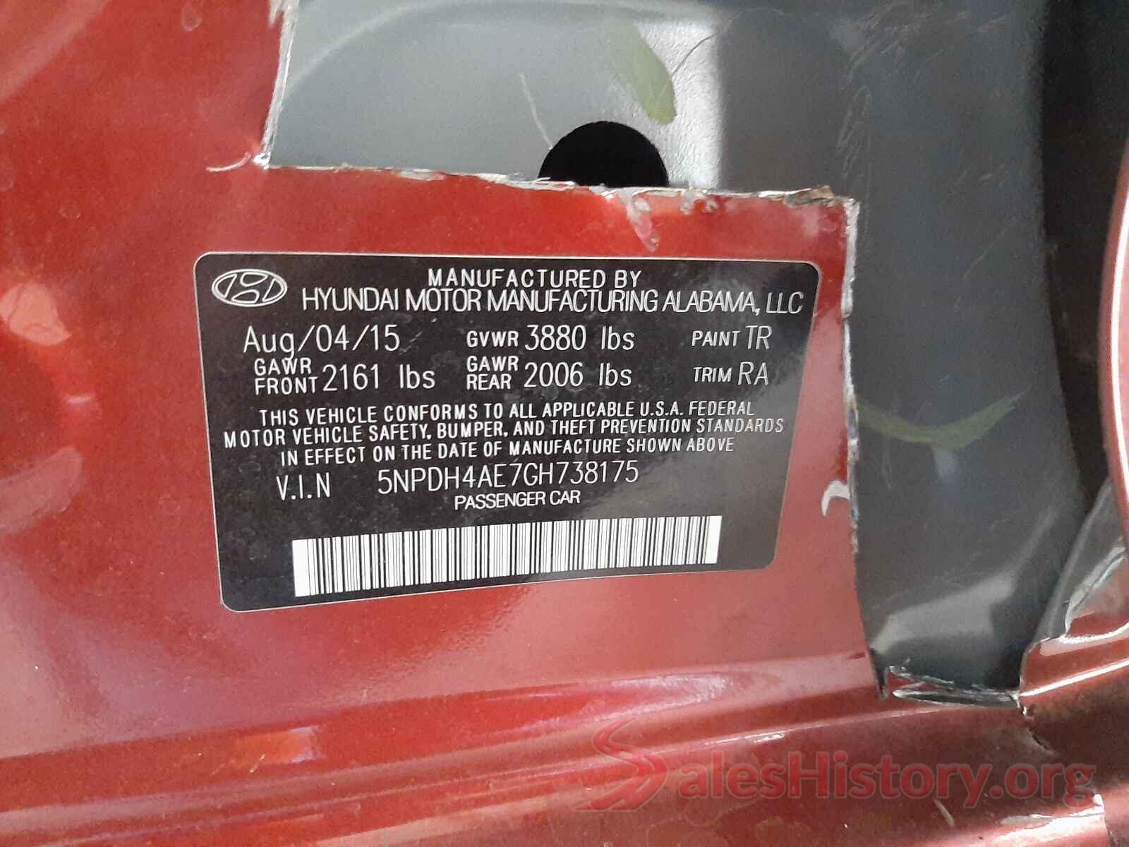 5NPDH4AE7GH738175 2016 HYUNDAI ELANTRA