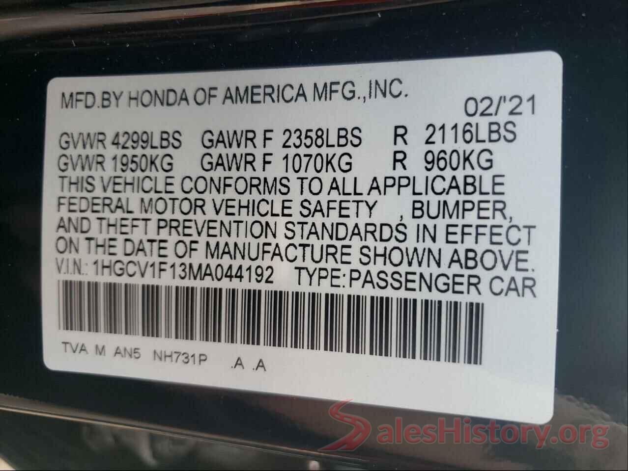 1HGCV1F13MA044192 2021 HONDA ACCORD