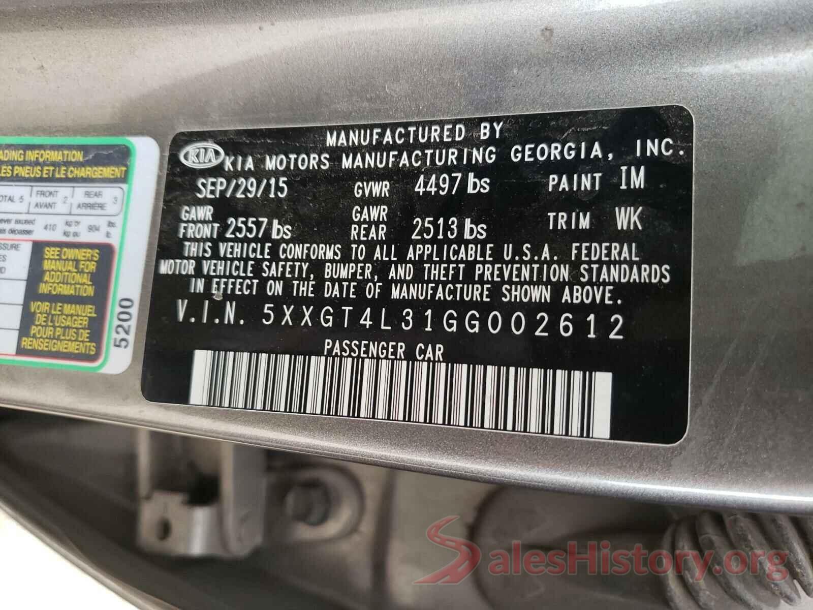 5XXGT4L31GG002612 2016 KIA OPTIMA