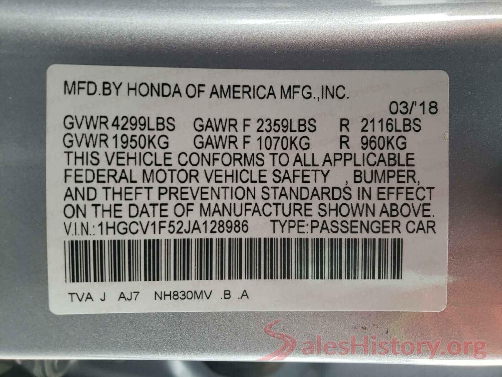 1HGCV1F52JA128986 2018 HONDA ACCORD