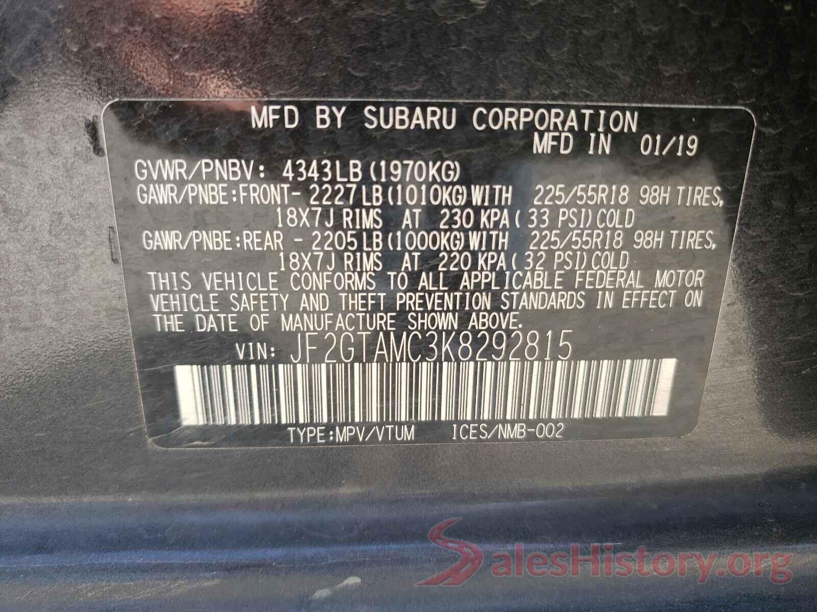 JF2GTAMC3K8292815 2019 SUBARU CROSSTREK