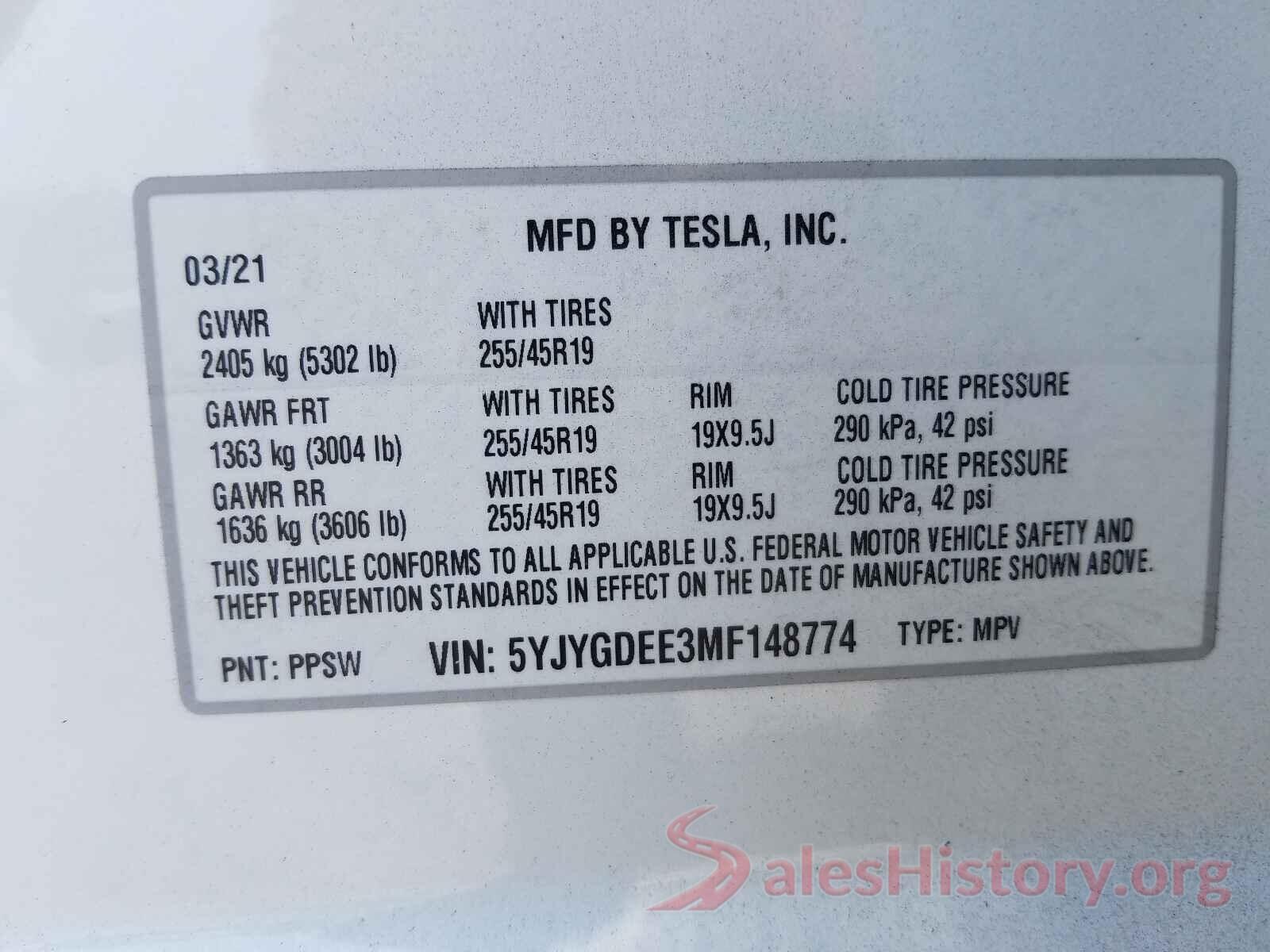 5YJYGDEE3MF148774 2021 TESLA MODEL Y