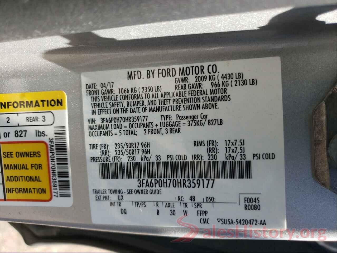 3FA6P0H70HR359177 2017 FORD FUSION