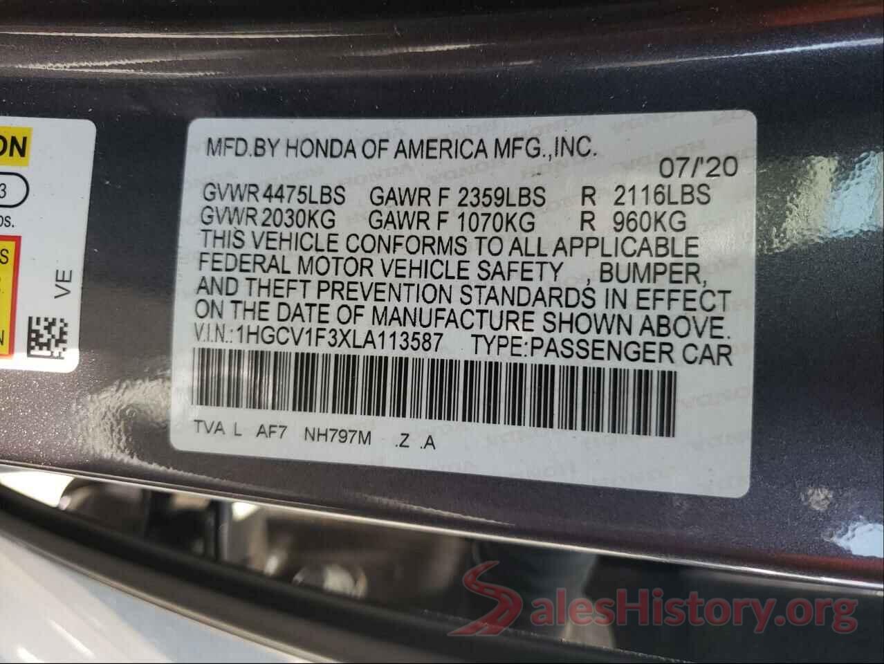 1HGCV1F3XLA113587 2020 HONDA ACCORD