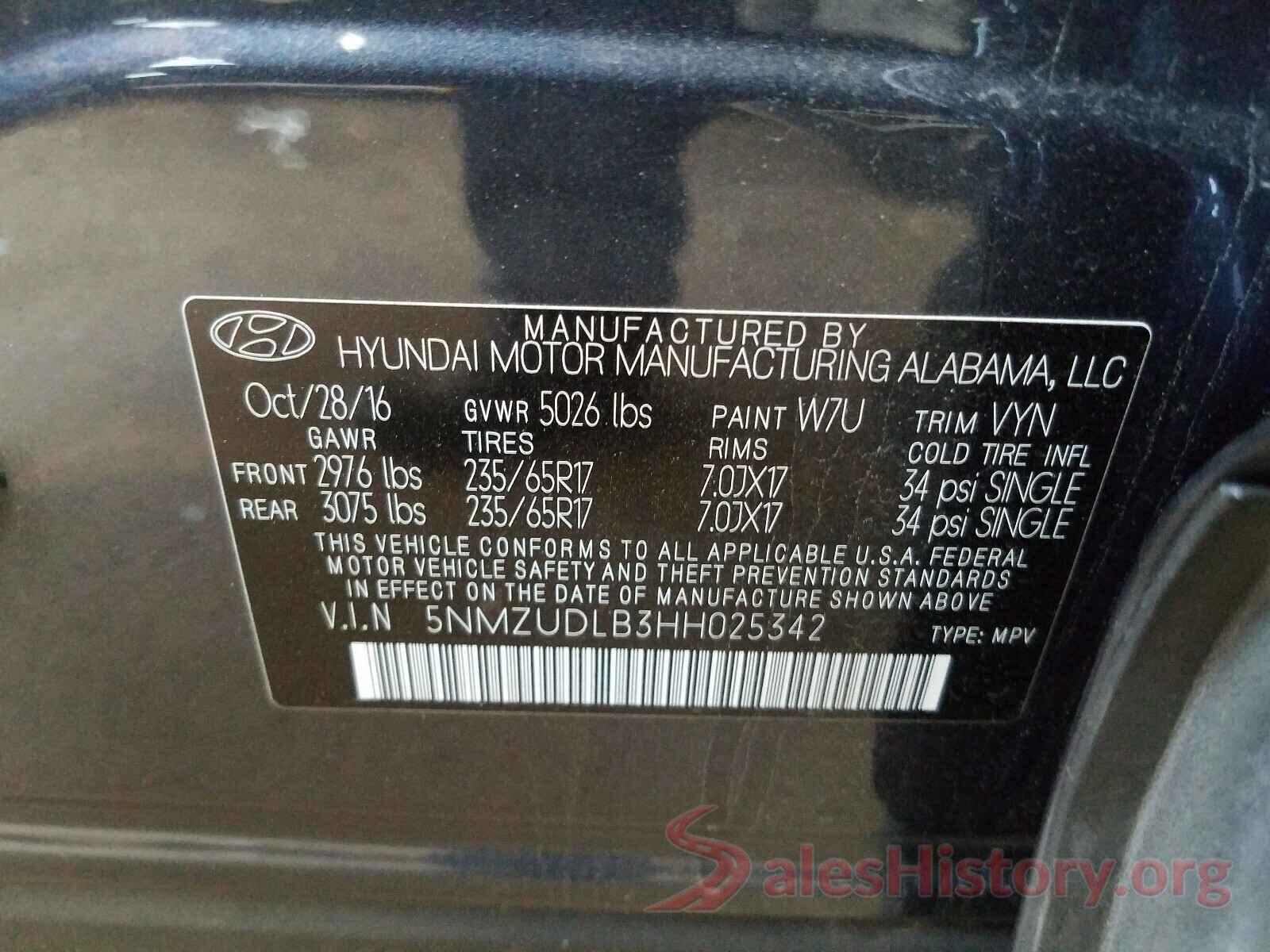 5NMZUDLB3HH025342 2017 HYUNDAI SANTA FE