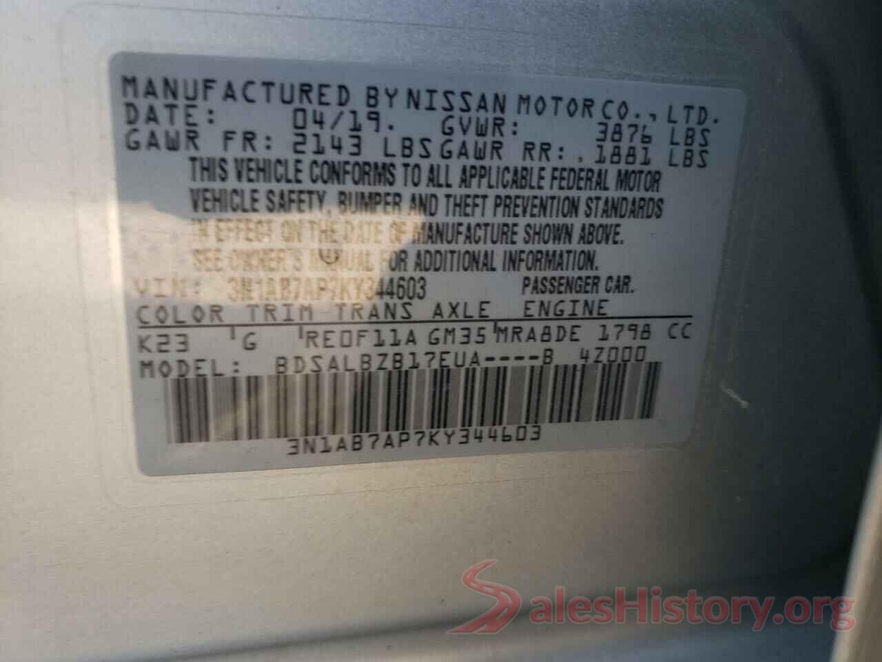 3N1AB7AP7KY344603 2019 NISSAN SENTRA