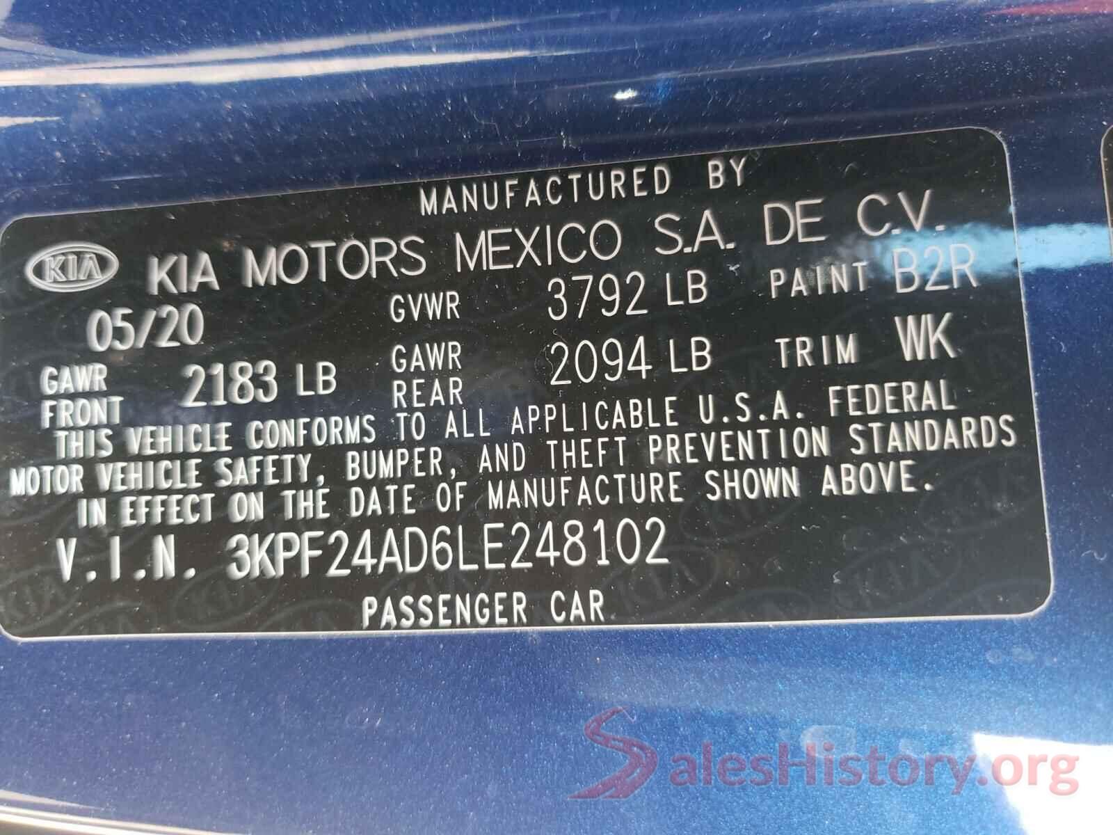 3KPF24AD6LE248102 2020 KIA FORTE