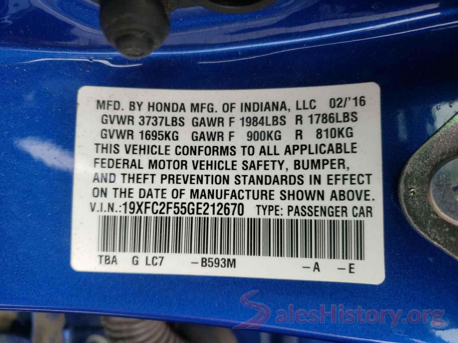 19XFC2F55GE212670 2016 HONDA CIVIC