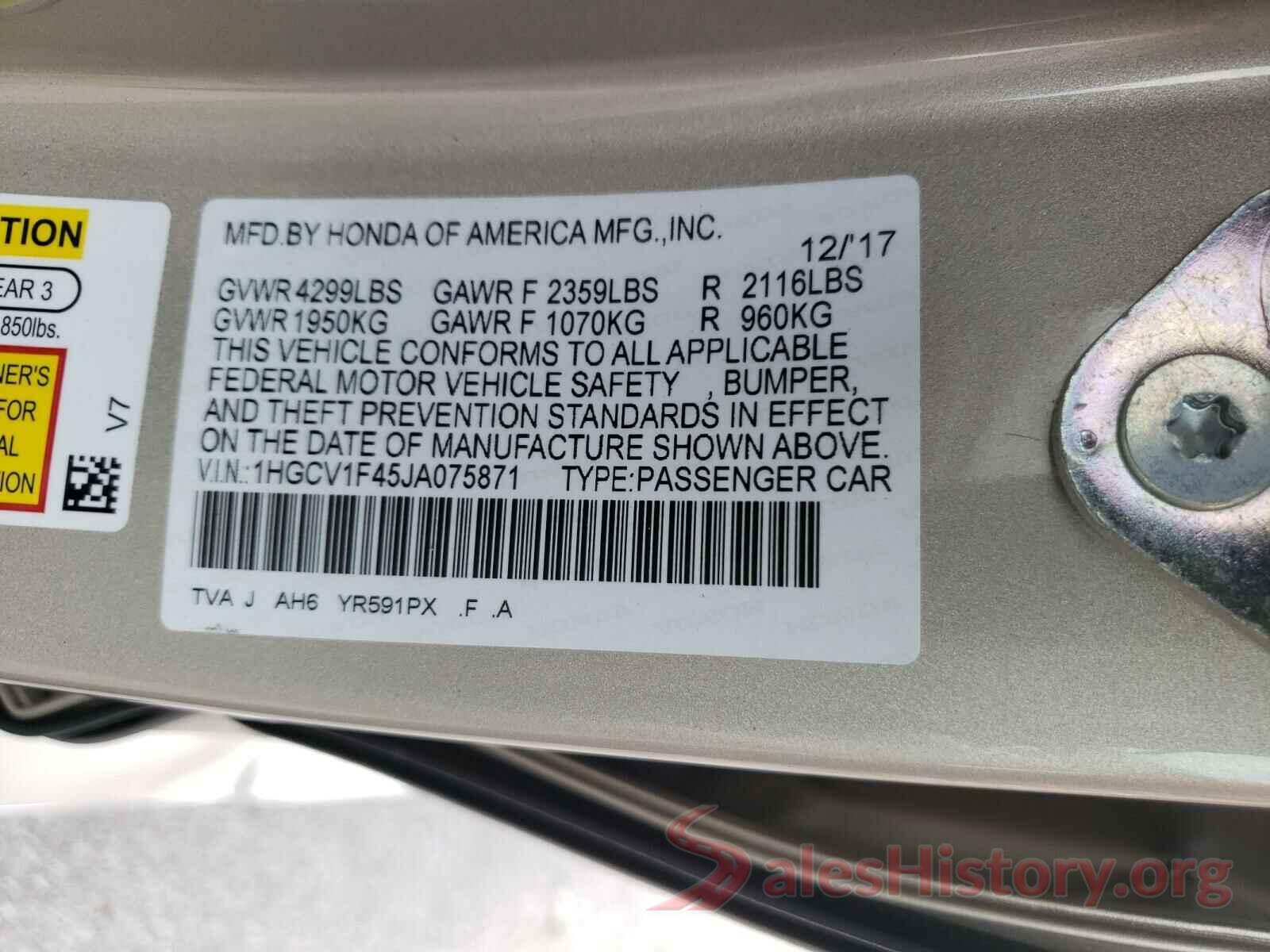 1HGCV1F45JA075871 2018 HONDA ACCORD