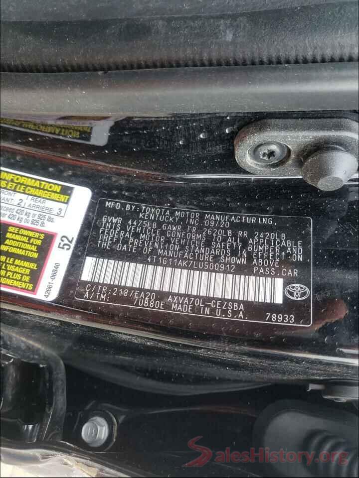 4T1G11AK7LU500912 2020 TOYOTA CAMRY