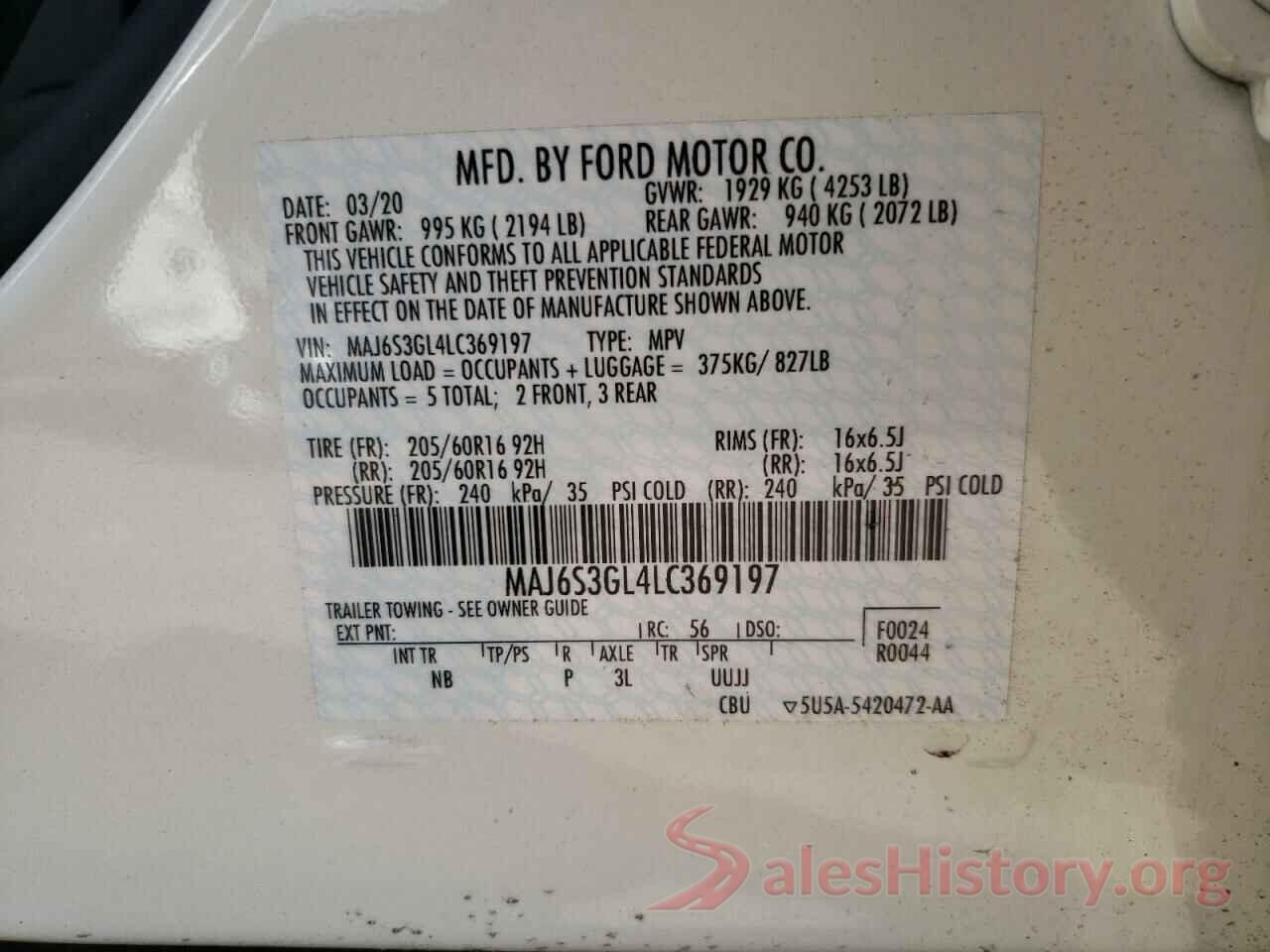 MAJ6S3GL4LC369197 2020 FORD ECOSPORT