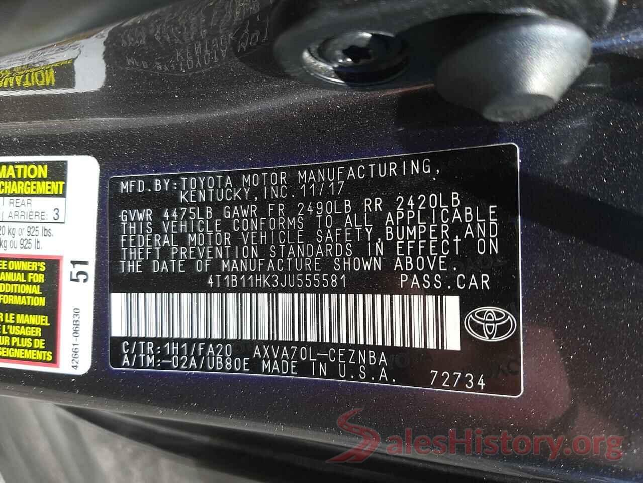 4T1B11HK3JU555581 2018 TOYOTA CAMRY