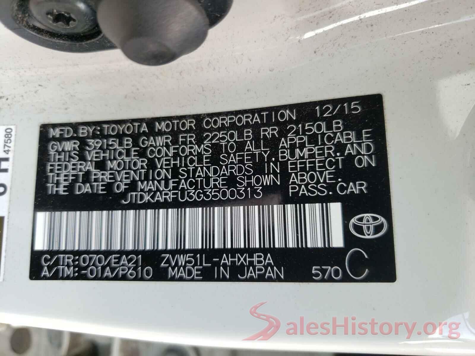 JTDKARFU3G3500313 2016 TOYOTA PRIUS